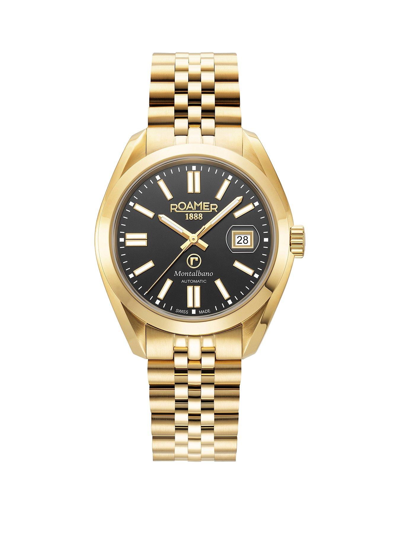 Product photograph of Roamer Swiss Made Montalbano Men S Automatic Watch With Black Dial In A Gold Ip Stainless Steel Case And Bracelet With Date Feature from very.co.uk