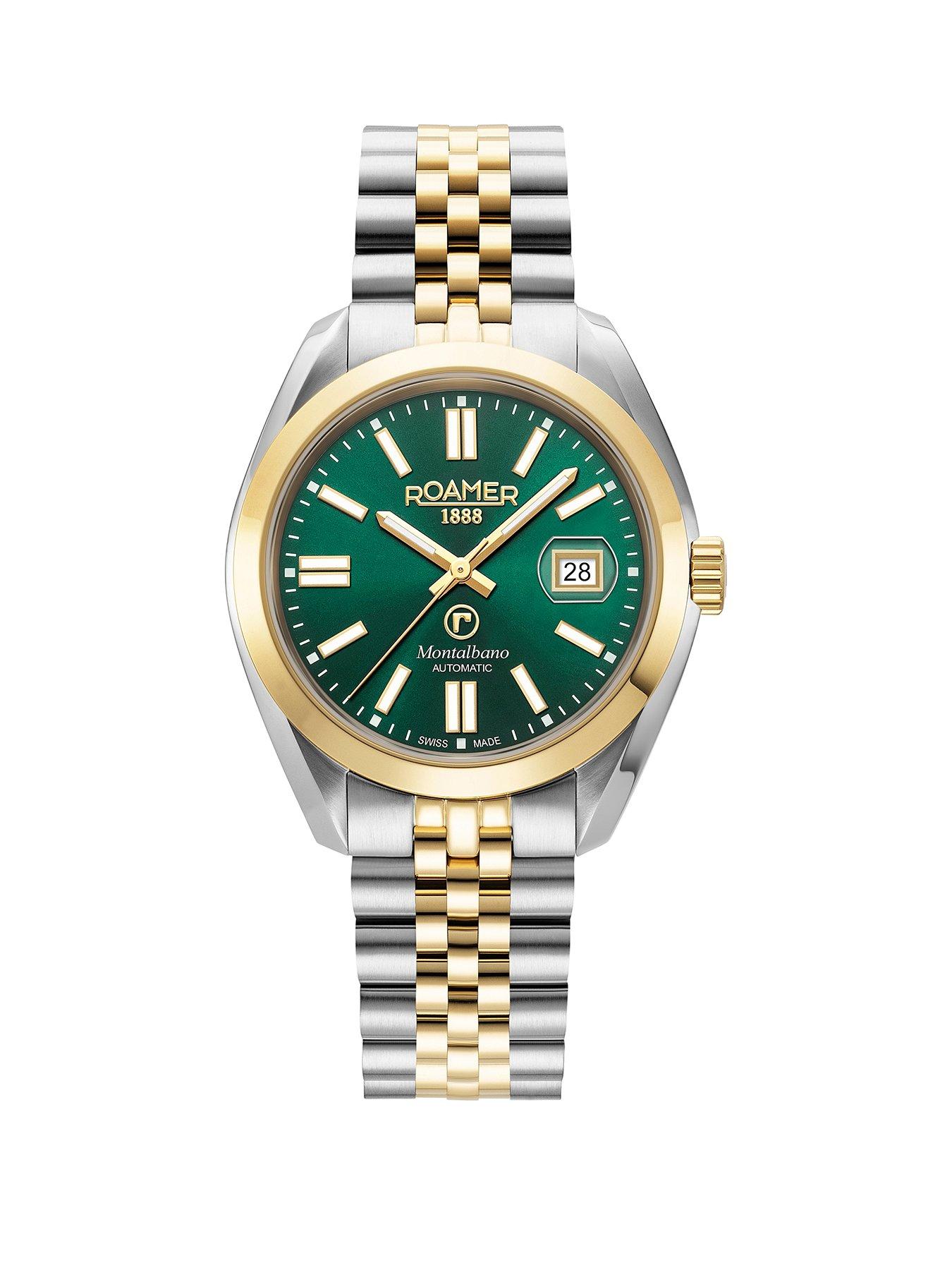 Product photograph of Roamer Swiss Made Montalbano Men S Automatic Watch With Green Dial In A Gold Ip Two Tone Stainless Steel Case And Bracelet With Date Feature from very.co.uk