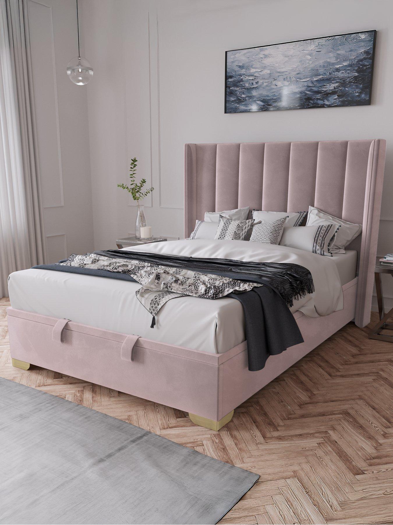 undefined New Dakota Velvet End Lift Up Storage Ottoman Bed with Mattress Options (Buy  &  SAVE!) - Antique Rose