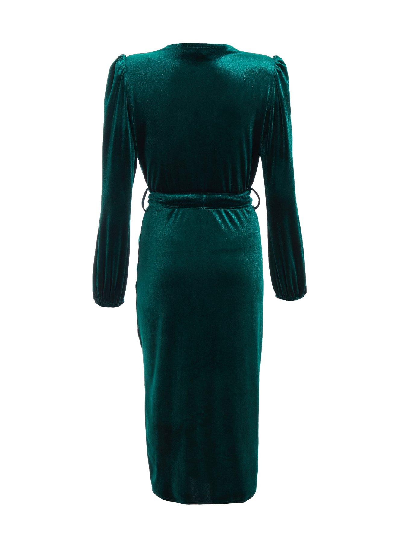 Quiz Bottle Green Velvet Ruched Midi Dress