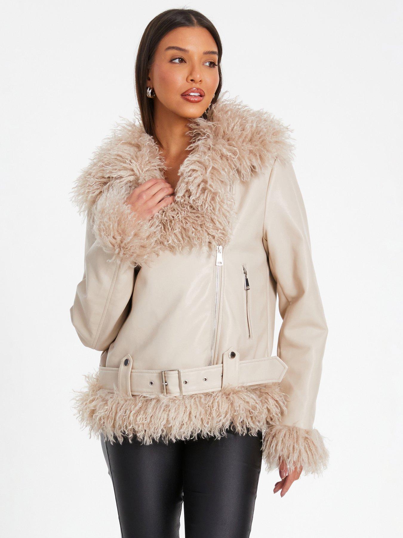 Quiz Stone Faux Fur Contrast Belted Jacket Very