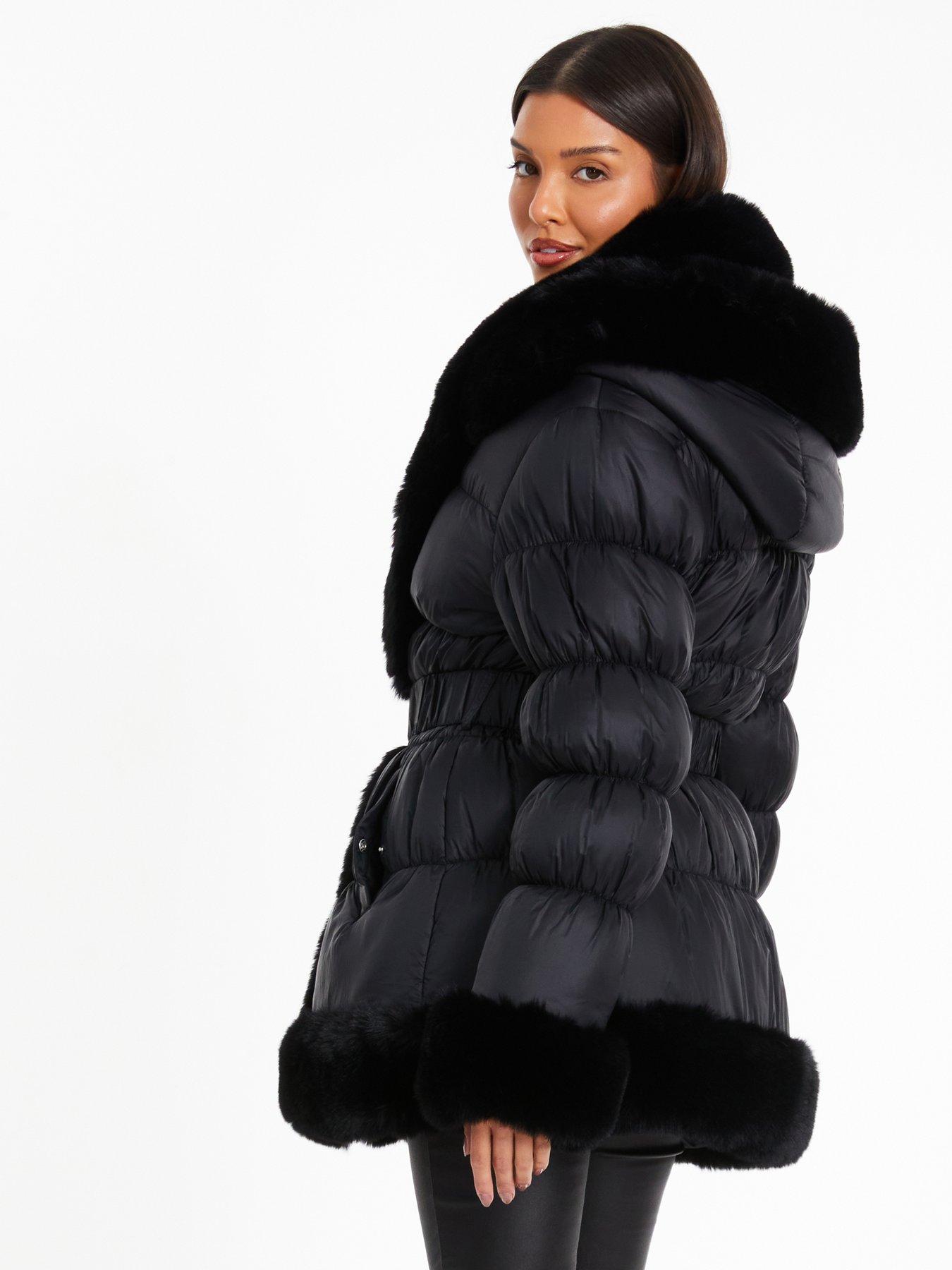 Quiz Padded Faux Fur Trim Jacket Black Very