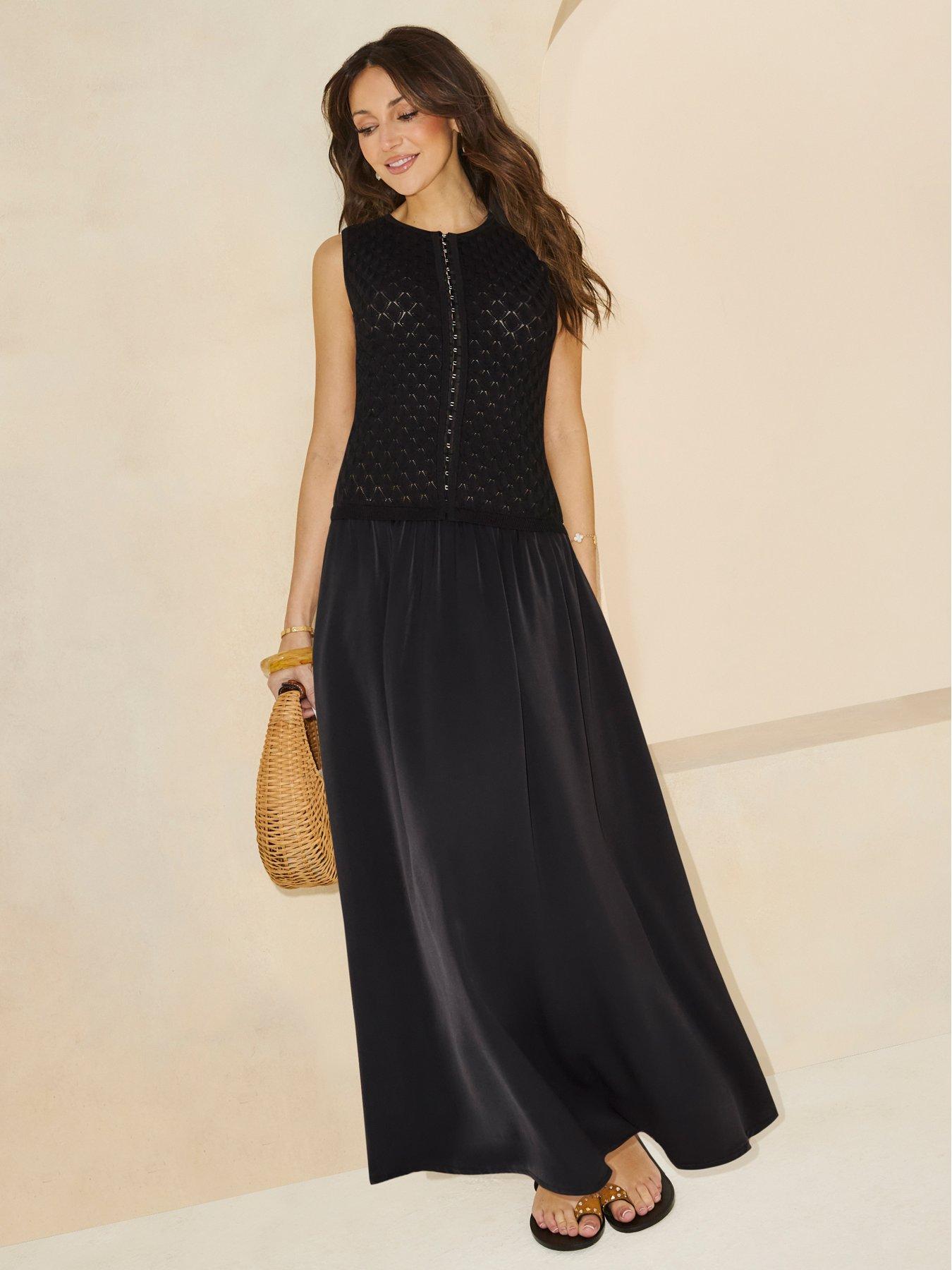 Image 1 of 5 of Michelle Keegan Pointelle Knit Dropped Waist Midaxi Dress - Black