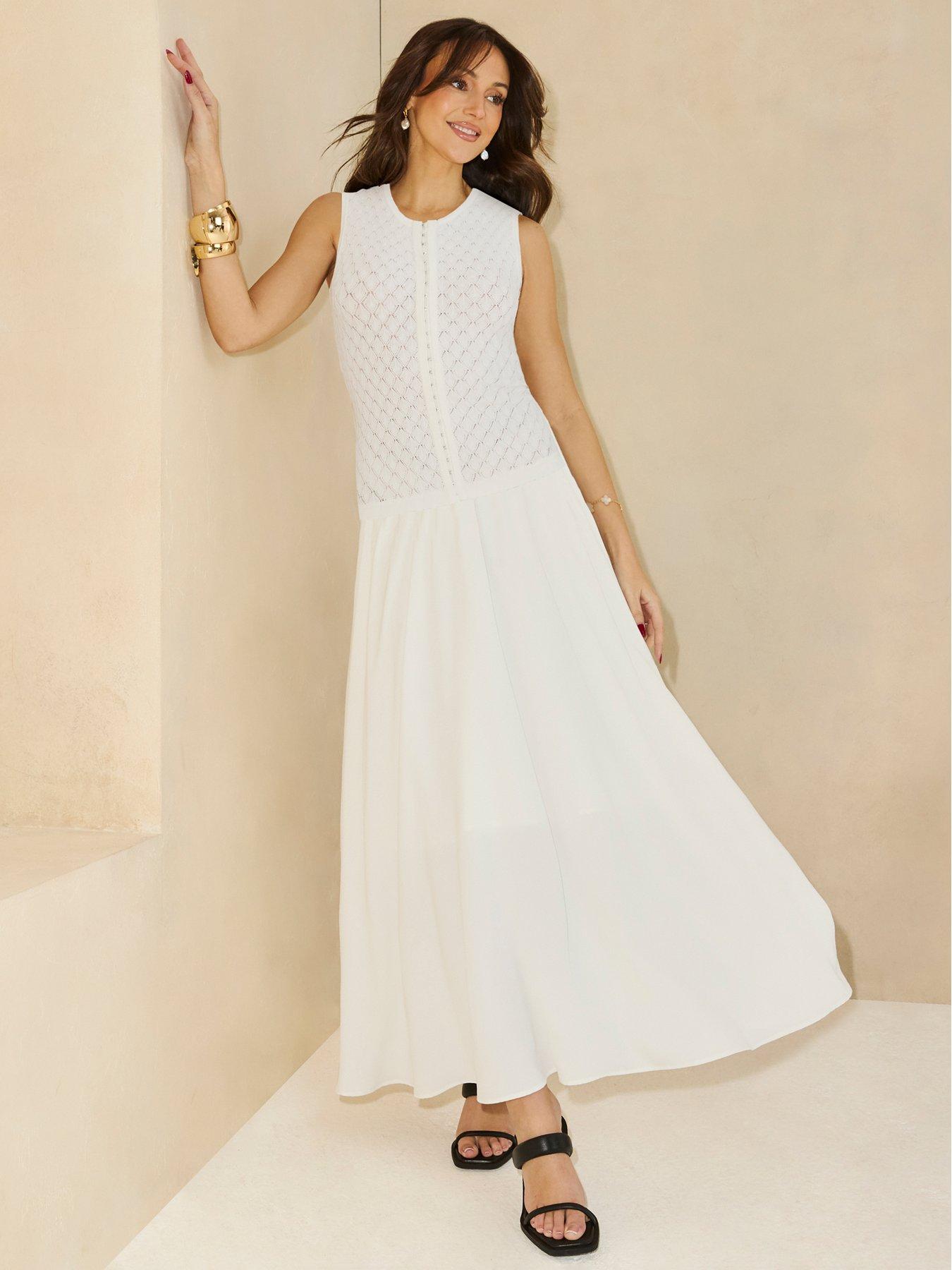 Image of Michelle Keegan Pointelle Knit Dropped Waist Midaxi Dress - White