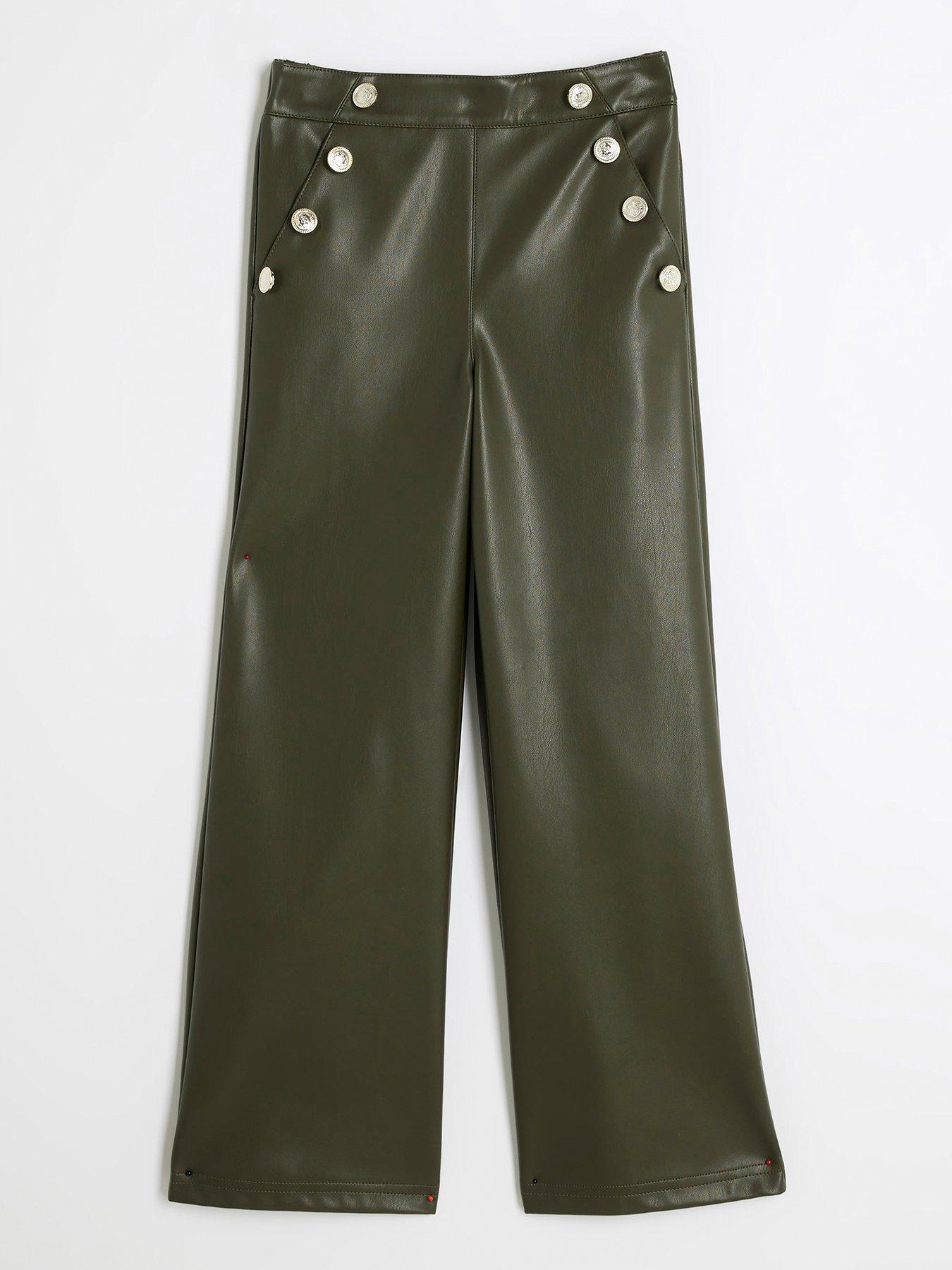 undefined Faux Leather Wide Leg Trousers - Khaki