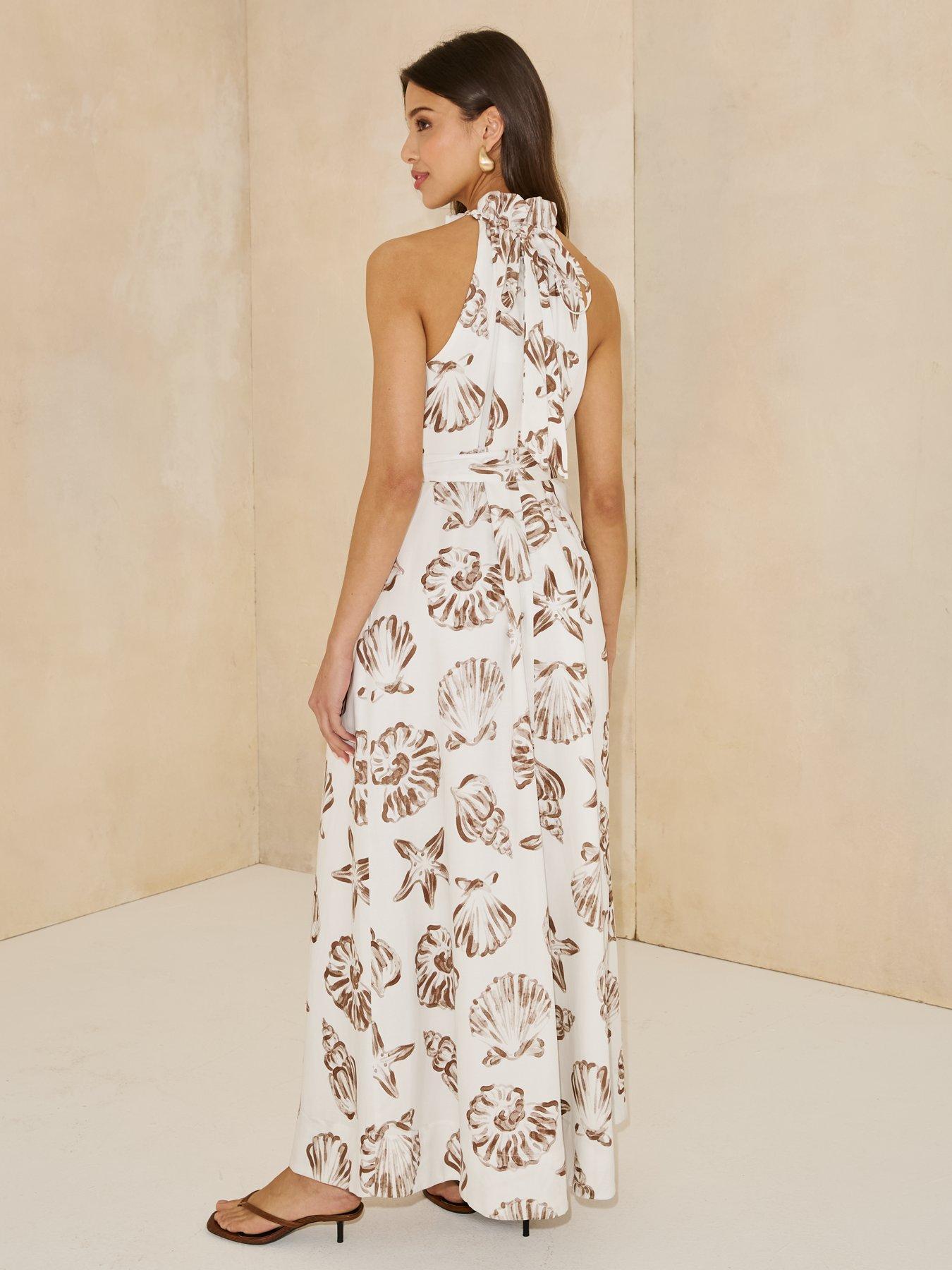 Image 2 of 5 of Michelle Keegan Halter Neck Tie Waist Midaxi Dress - White/brown