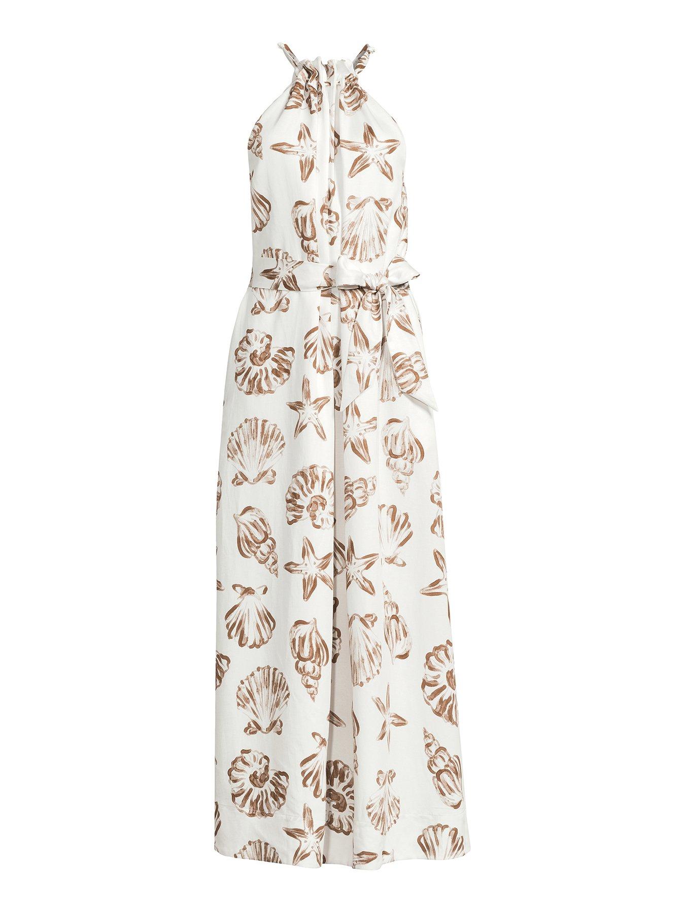 Image 5 of 5 of Michelle Keegan Halter Neck Tie Waist Midaxi Dress - White/brown