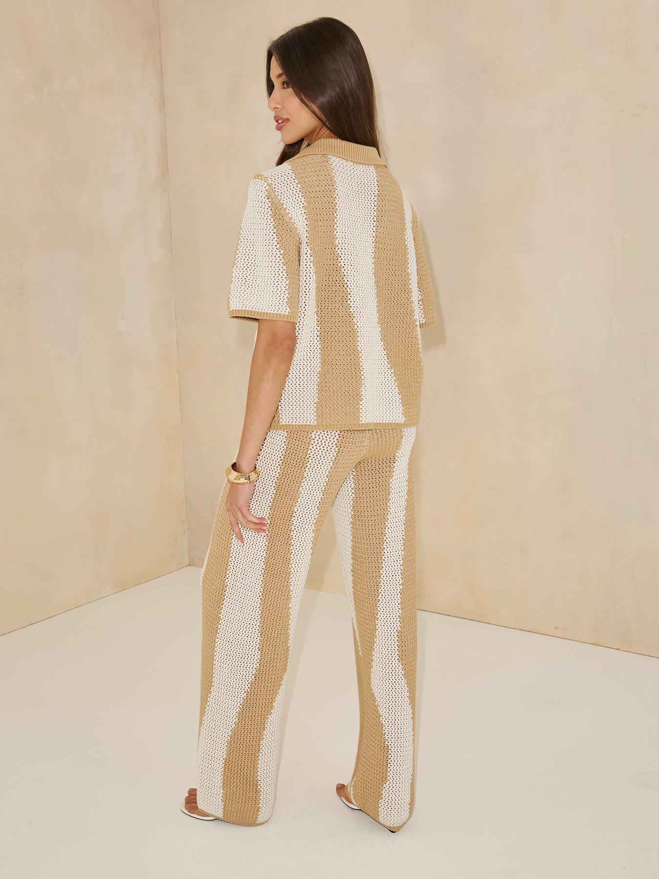 Image 2 of 5 of Michelle Keegan Knitted Striped Trouser Co Ord - Beige