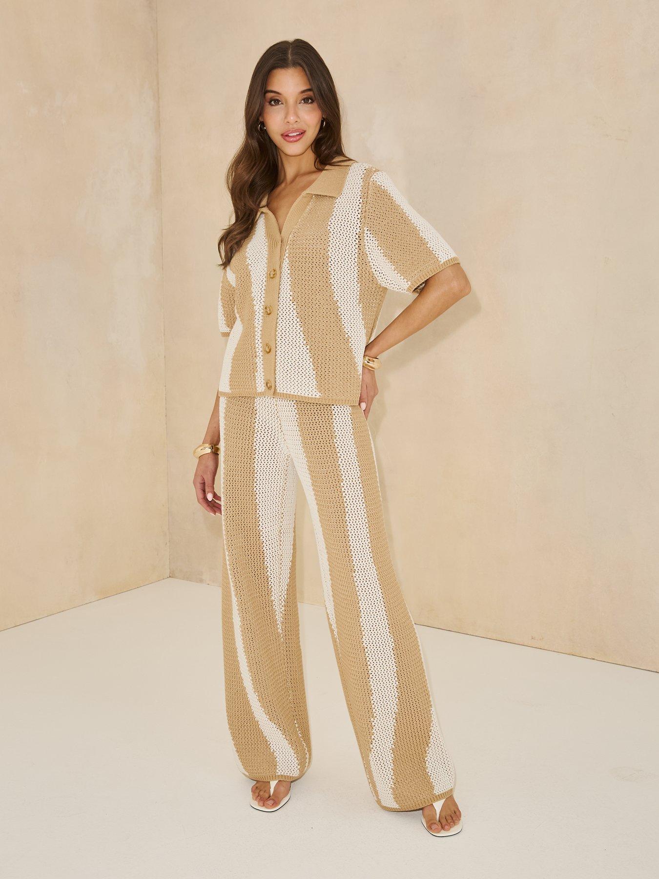 Image 3 of 5 of Michelle Keegan Knitted Striped Trouser Co Ord - Beige