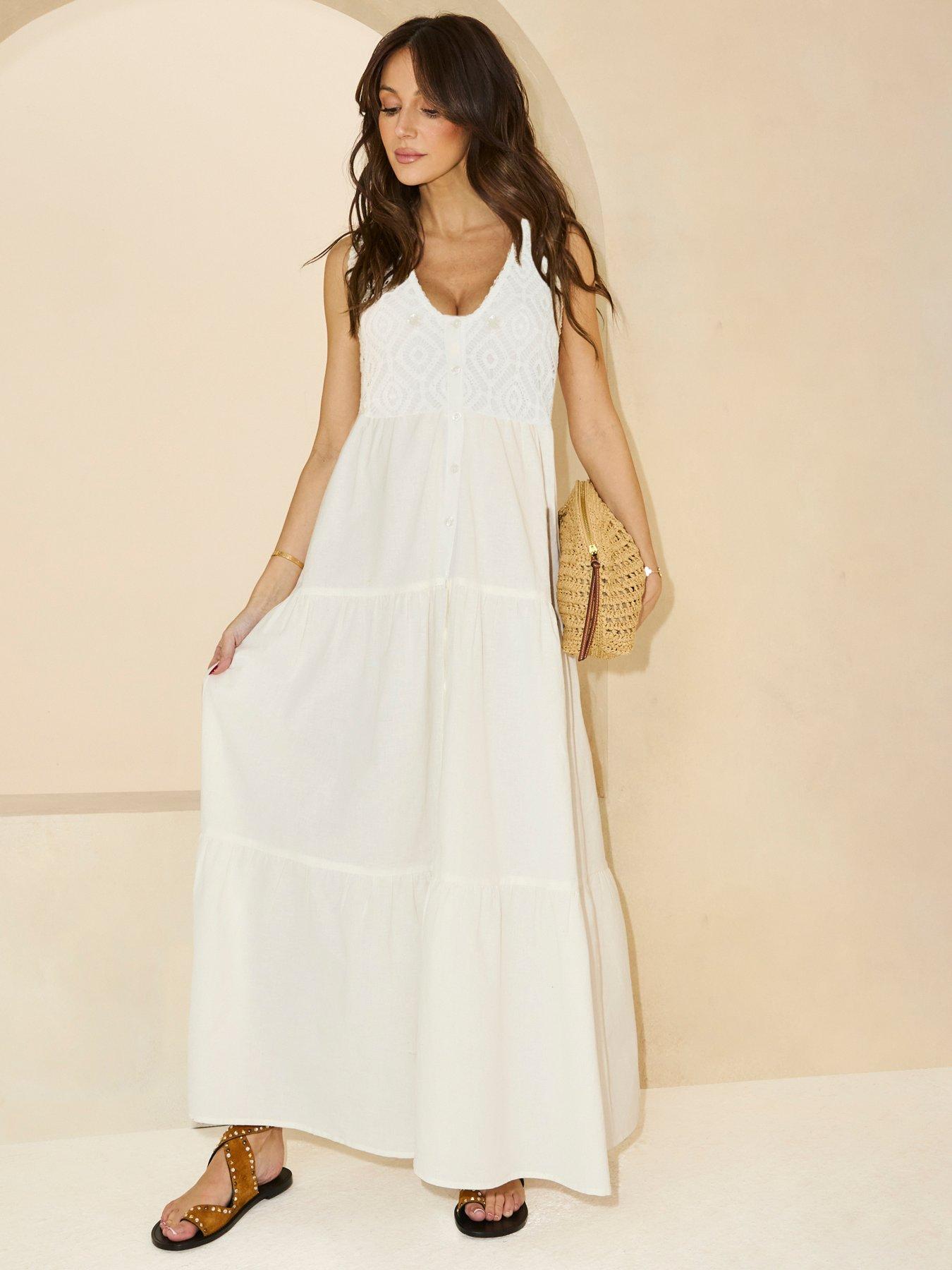 undefined Crochet Shell Embellished Tiered Midaxi Dress - White