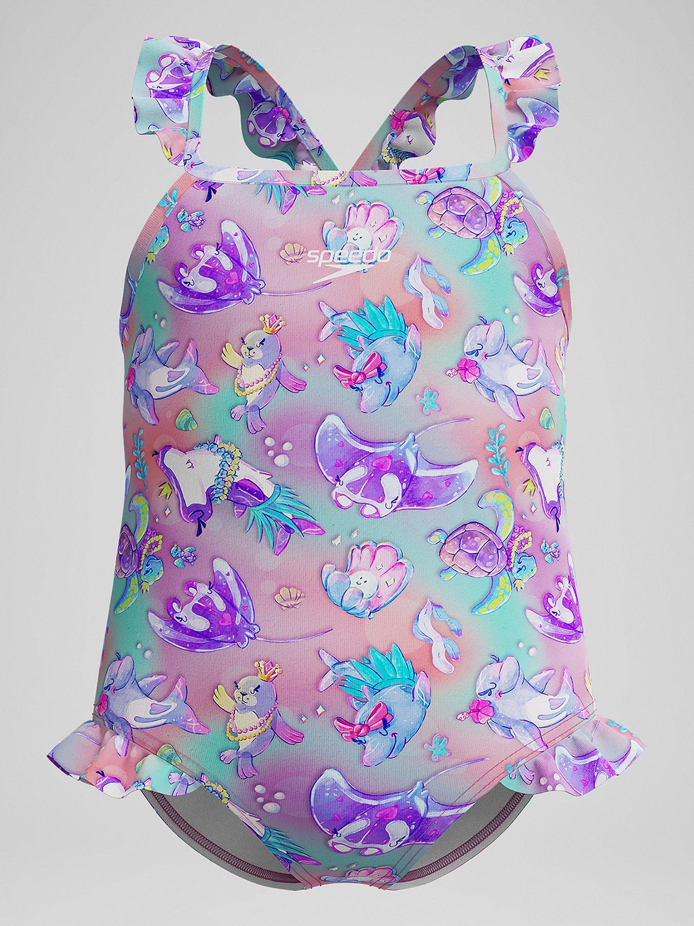 undefined Girls Digital Frill Thinstrap Swimsuit - Neon Violet