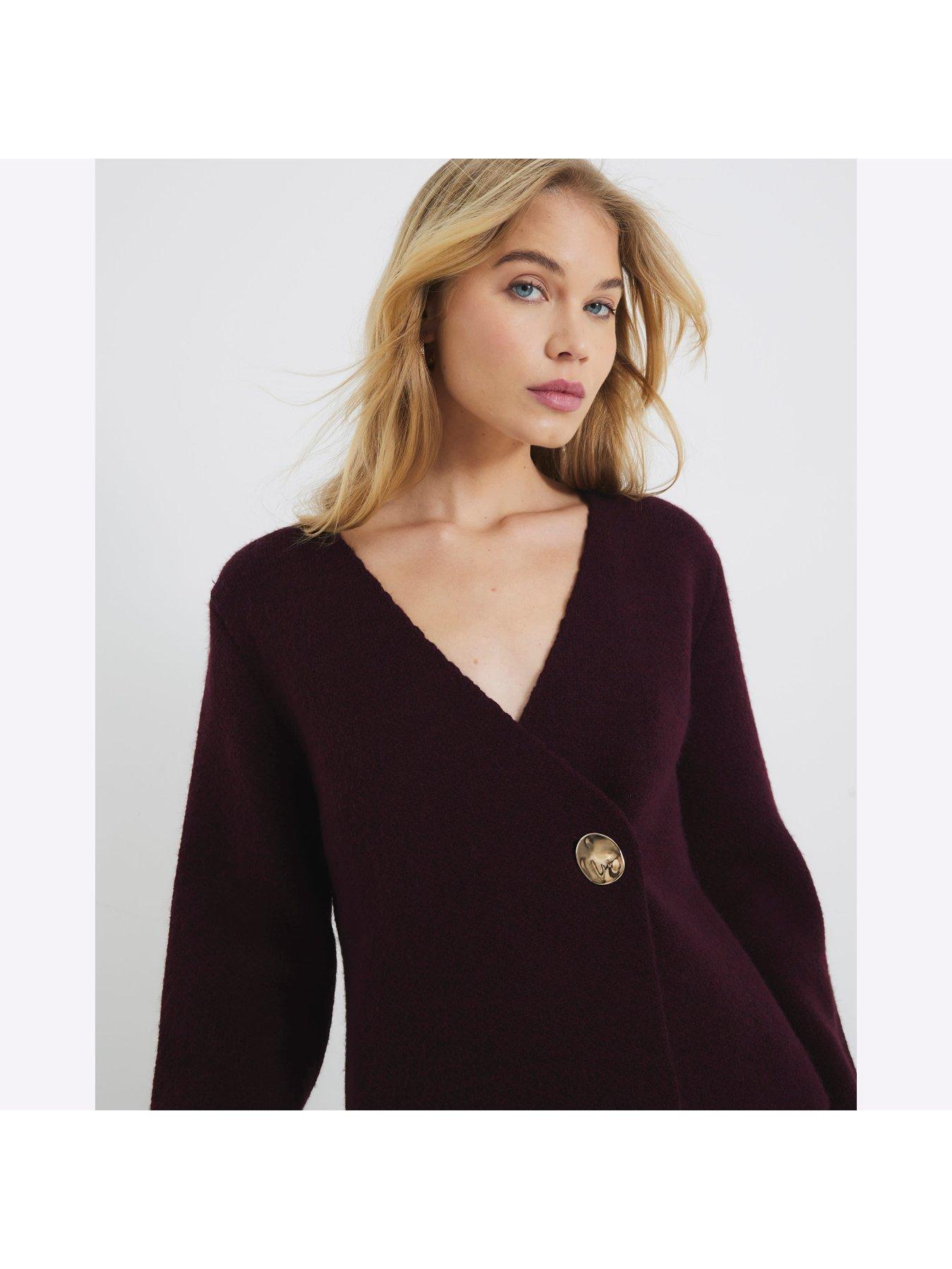 Image 4 of 5 of River Island Asymmetric Button Cardigan - Dark Red