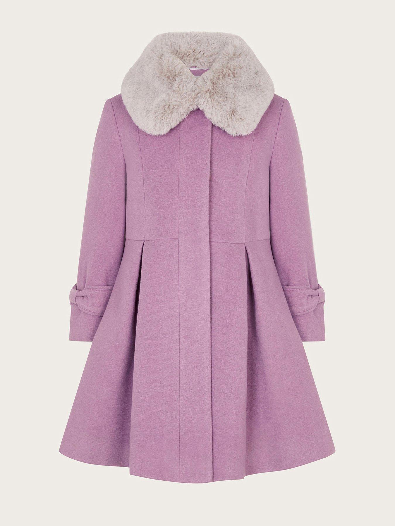 Monsoon Girls Faux Fur Collar Trim Coat Purple Very