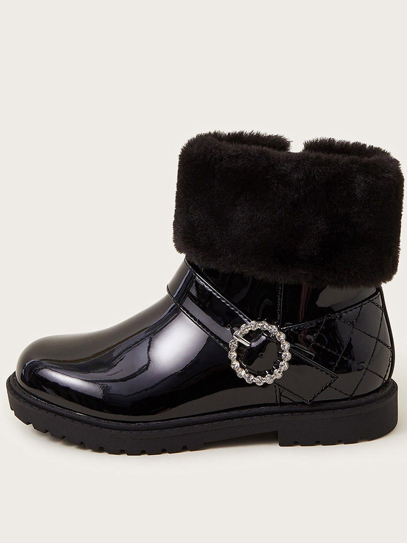 Monsoon Girls Patent Faux Fur Cuff Boots Black Very