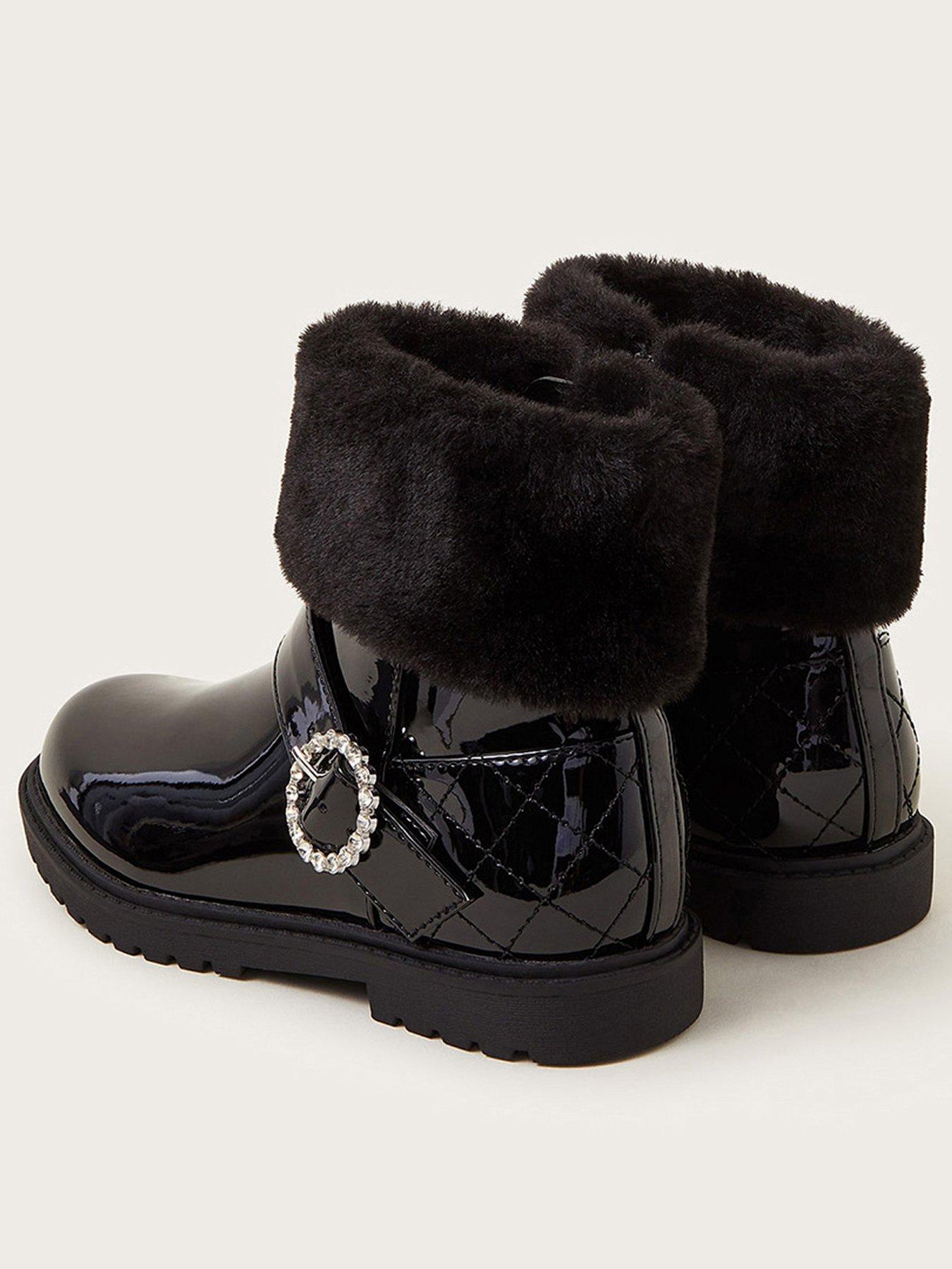Monsoon Girls Patent Faux Fur Cuff Boots Black Very