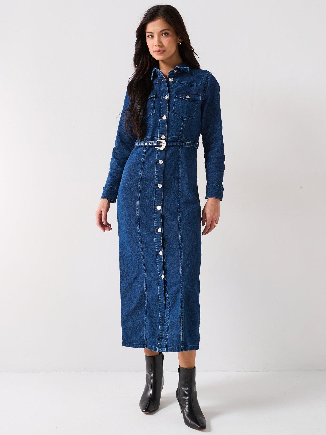 undefined Belted Denim Midi Dress - Blue