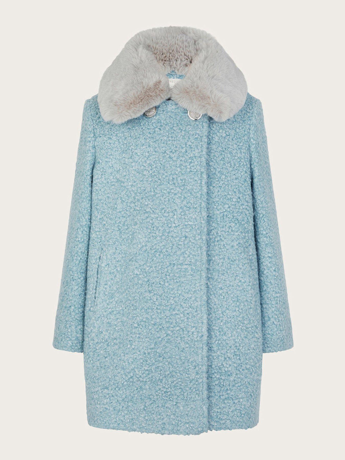 Monsoon Faux Fur Collar Boucle Coat Light Blue Very