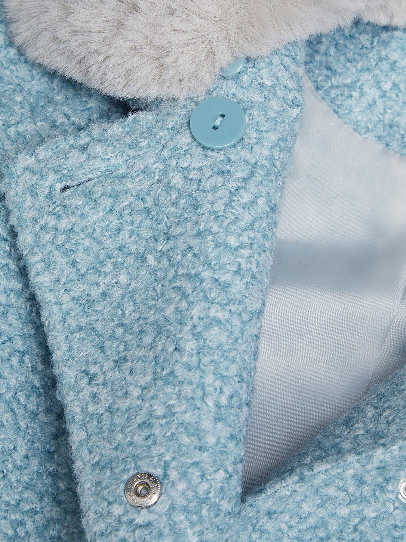 Faux Fur Collar Boucle Coat Light Blue