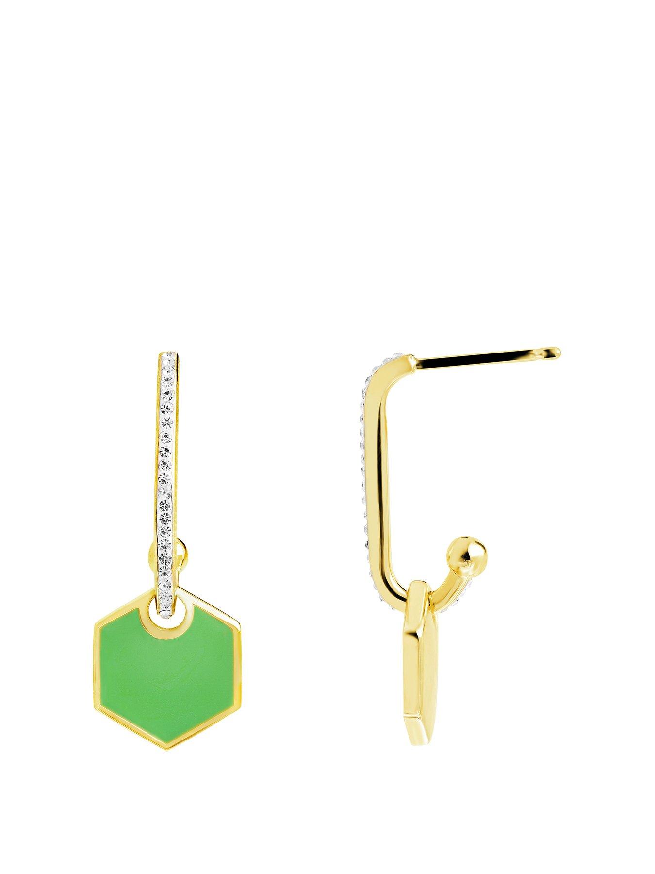 Product photograph of The Love Silver Collection Gold Plated Sterling Silver Green Enamel Crystal Hexagon Stud Earrings from very.co.uk