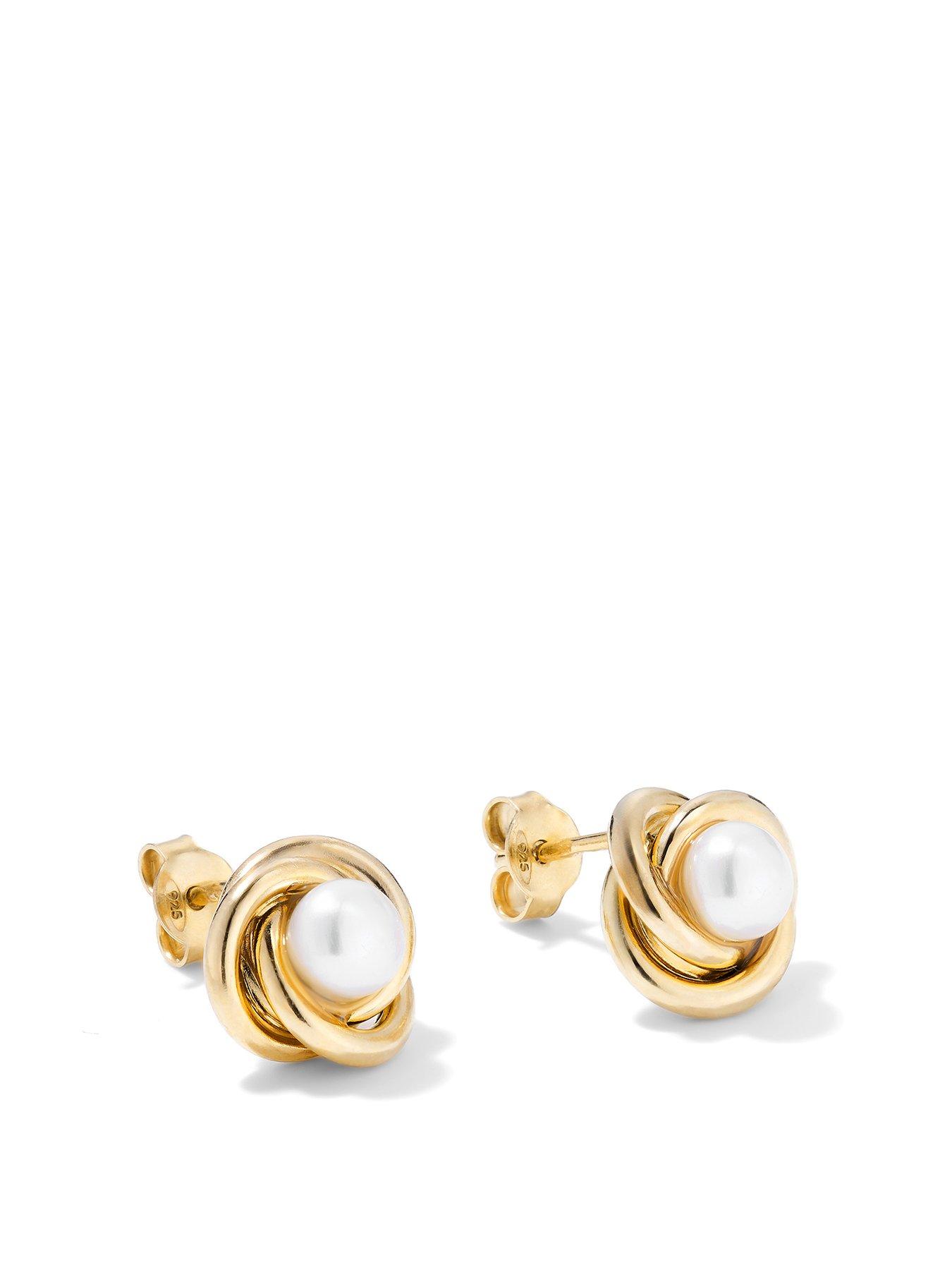 Product photograph of The Love Silver Collection Gold Plated Sterling Silver Freshwater Pearl Knot Stud Earrings from very.co.uk