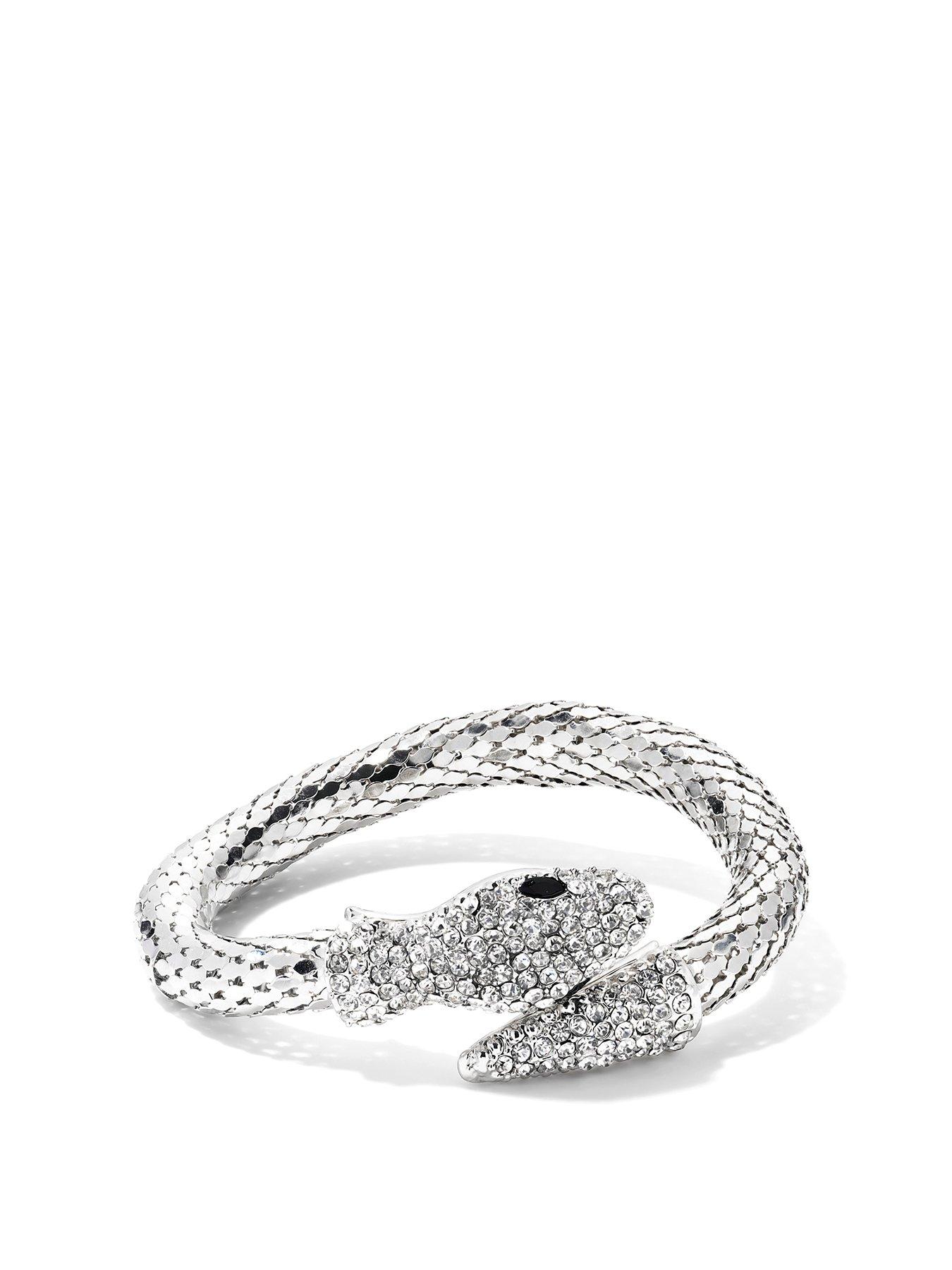 Product photograph of The Love Collection Silver Tone Clear Crystal Open Snake Bangle from very.co.uk