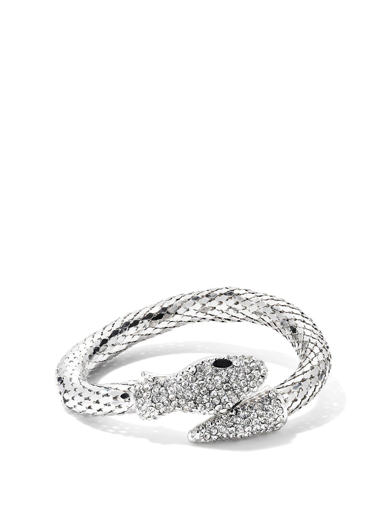 Product photograph of The Love Silver Collection Silver Tone Clear Crystal Open Snake Bangle from very.co.uk