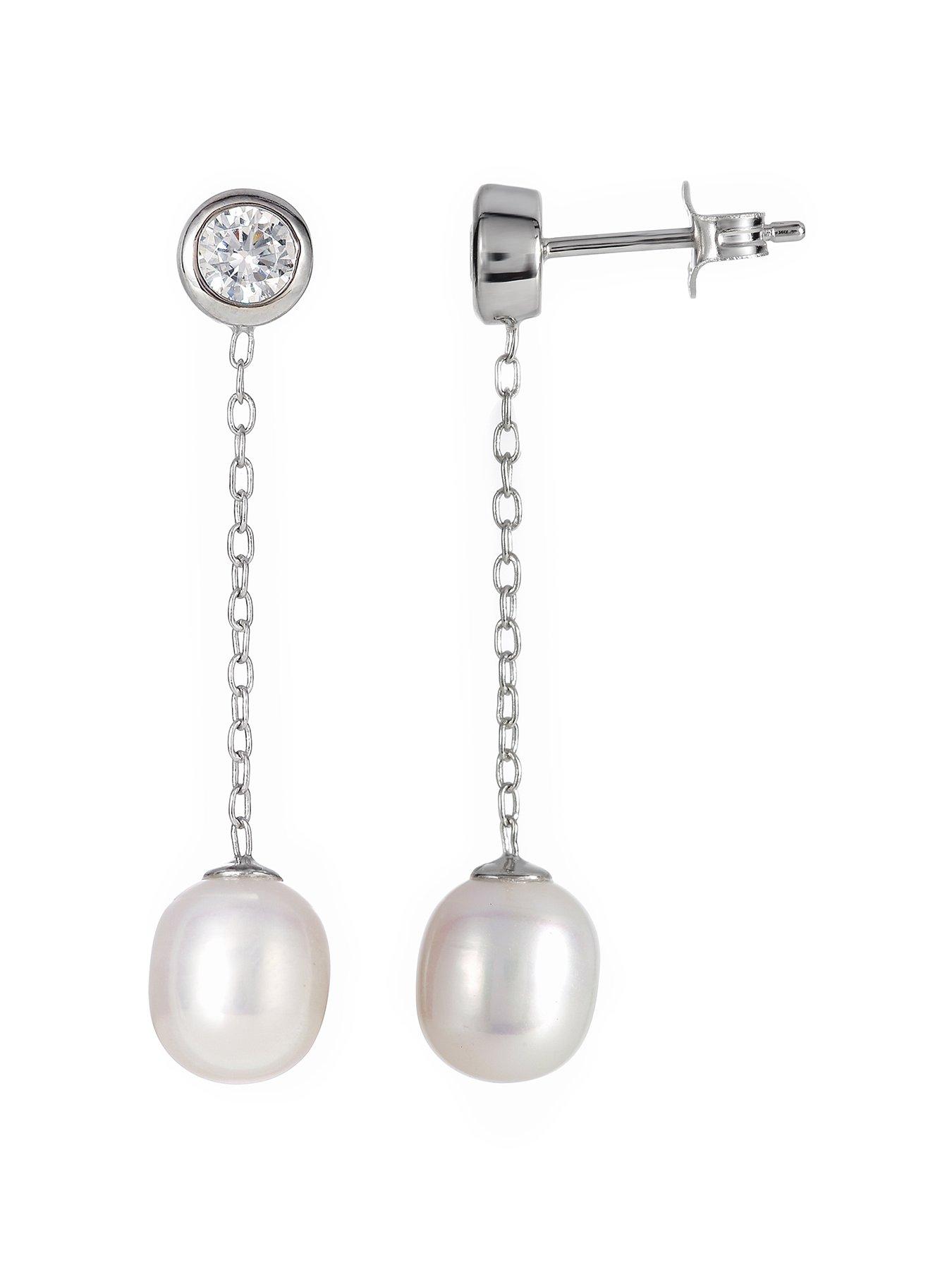 Product photograph of The Love Silver Collection Sterling Silver Oval Freshwater Pearl Cubic Zirconia Long Drop Stud Earrings from very.co.uk