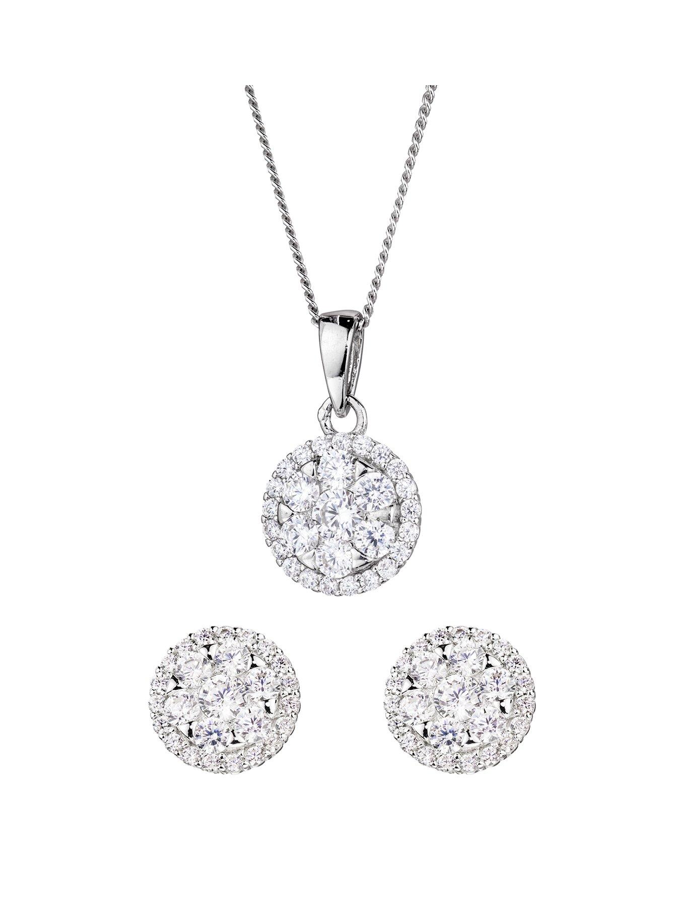 Product photograph of The Love Silver Collection Sterling Silver Cubic Zirconia Round Cluster Earring And Pendant Set from very.co.uk