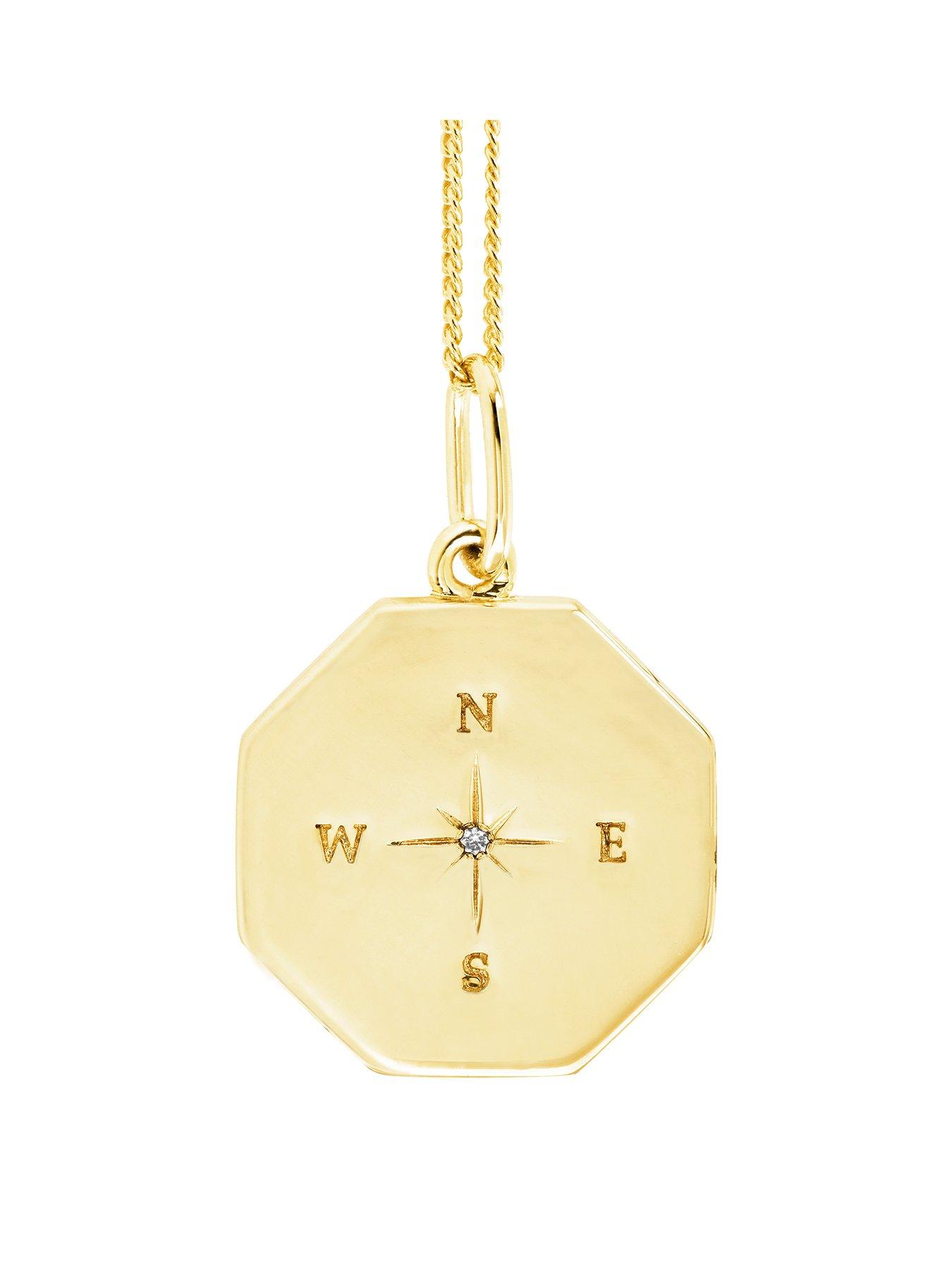Product photograph of The Love Collection Gold Plated Sterling Silver Compass Octagon Pendant Necklace from very.co.uk