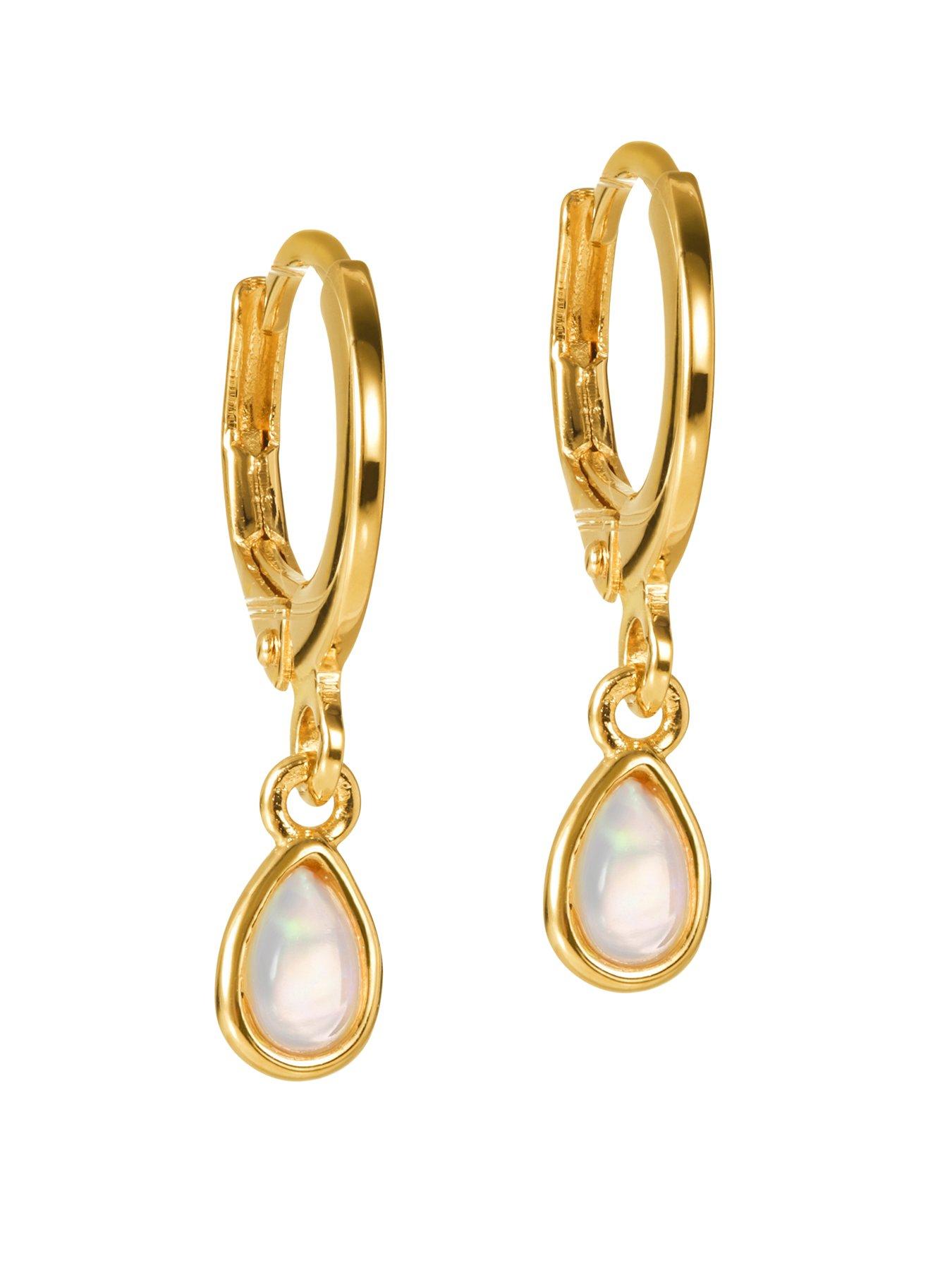 Product photograph of Love Gem 18ct Gold Plated Sterling Silver Opal Drop Hoop Earrings from very.co.uk