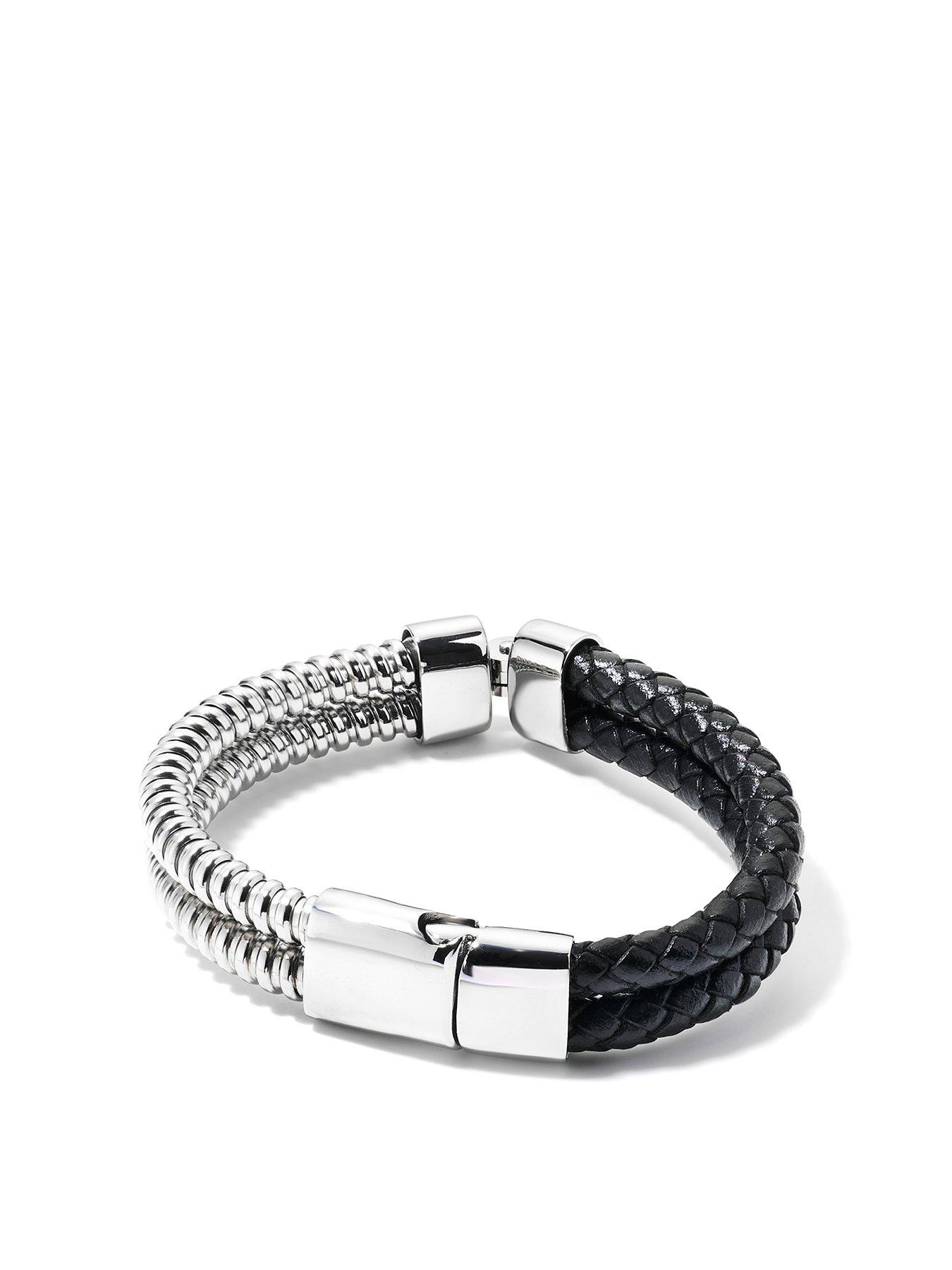 Product photograph of The Love Silver Collection Men S Leather And Stainless Steel Bracelet from very.co.uk