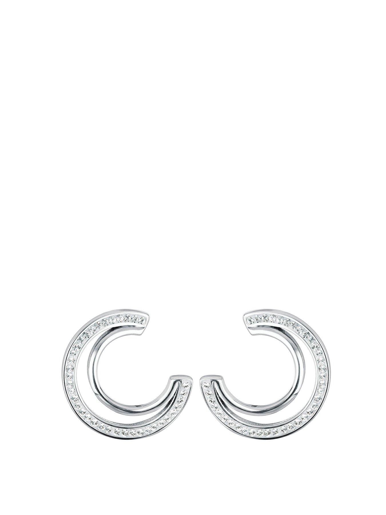 undefined Sterling Silver Crystal Double Crescent Stud Earrings