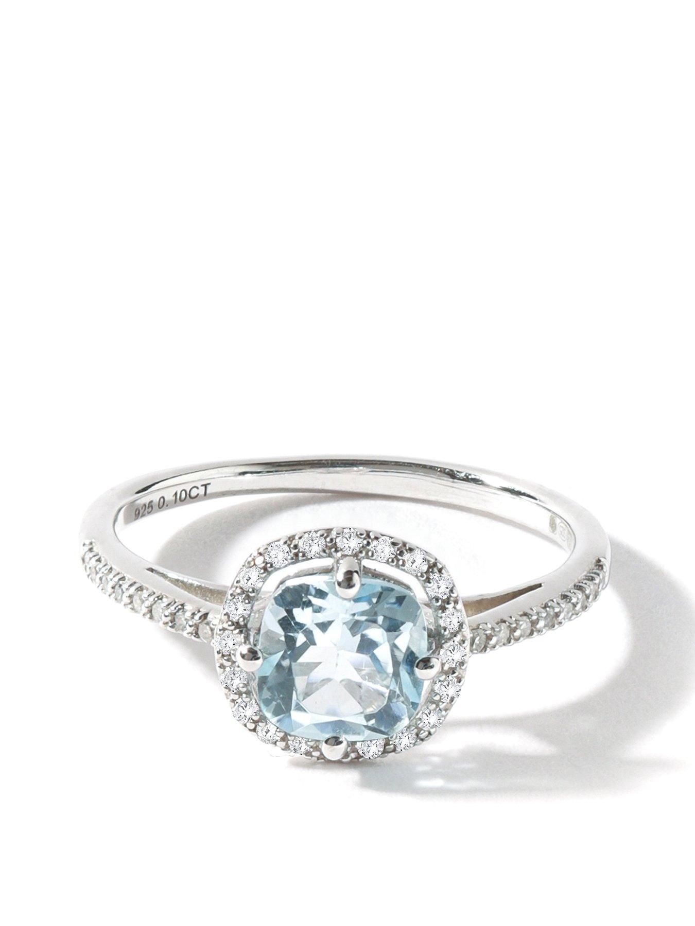 Product photograph of Love Gem Sterling Silver 6x6 Sky Blue Topaz And 0 10ct Diamond Halo Ring from very.co.uk