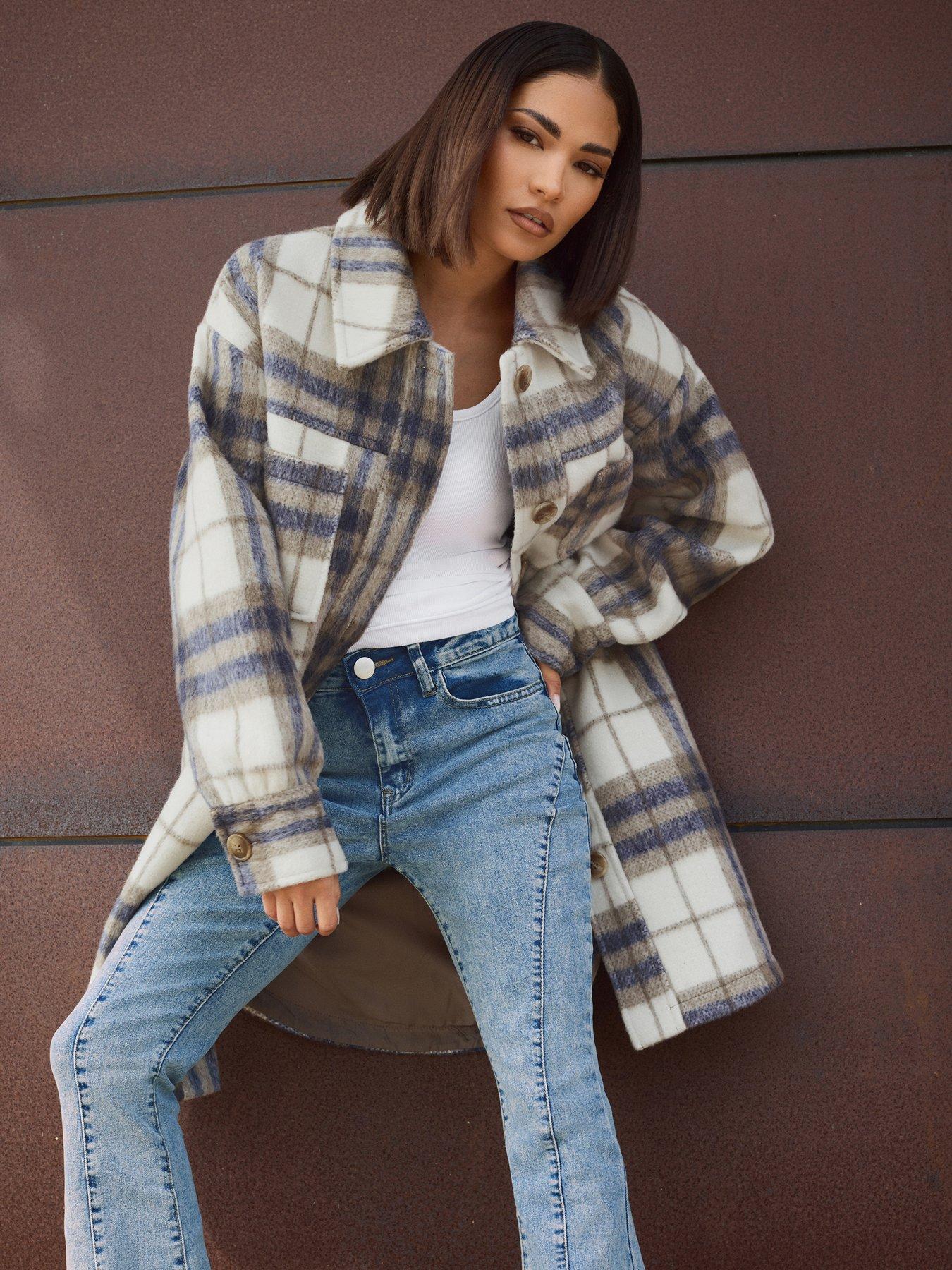 PixieGirl Petite Check Longline Shacket Blue Very