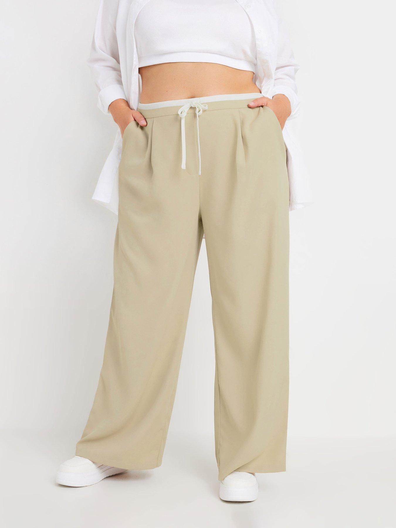 undefined Curve Drawstring Contrast Waist Wide Leg Trousers - Natural