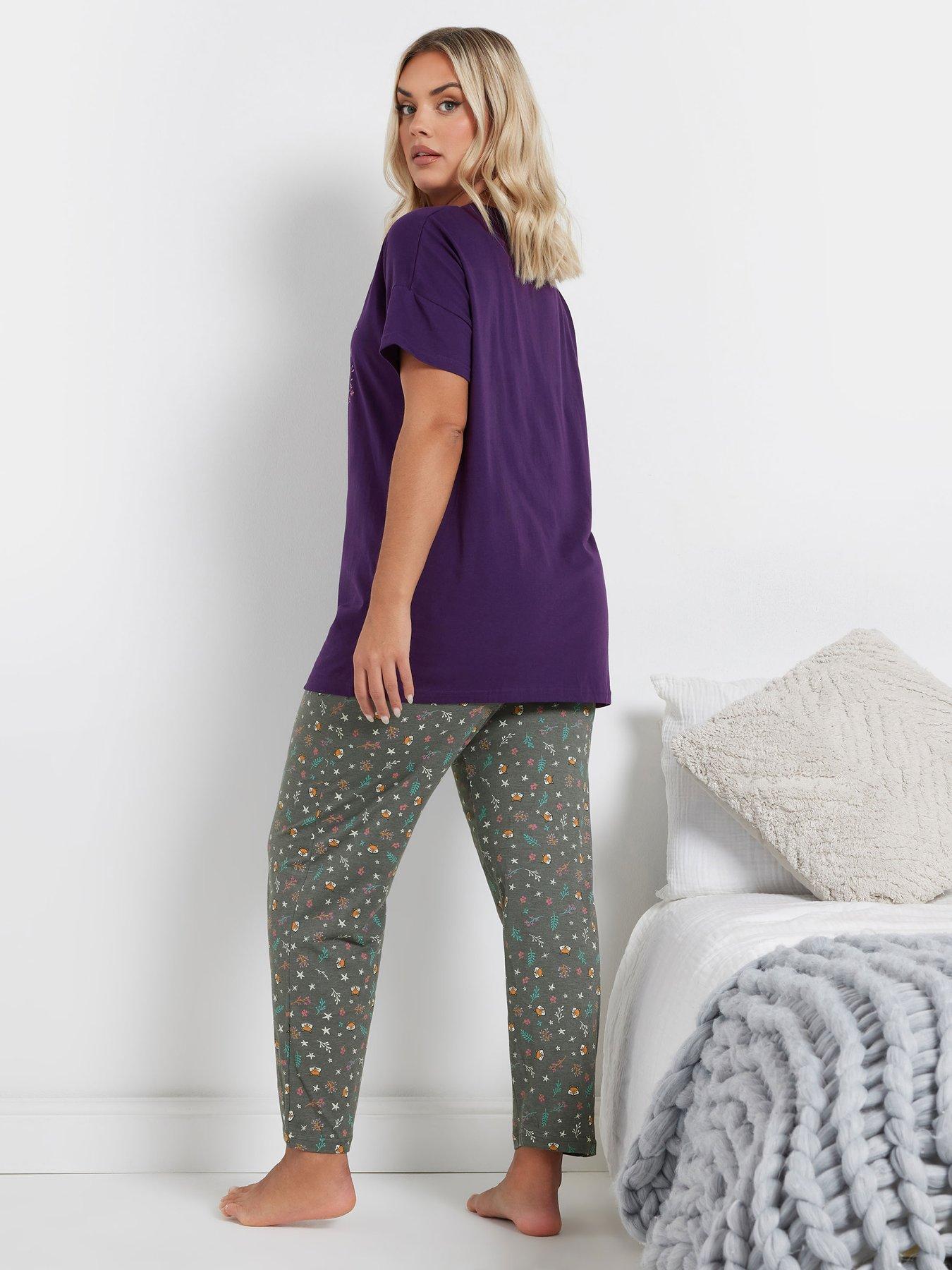 Image 2 of 5 of Yours Curve Goodnight Short Sleeve Wide Leg Pj Set - Purple