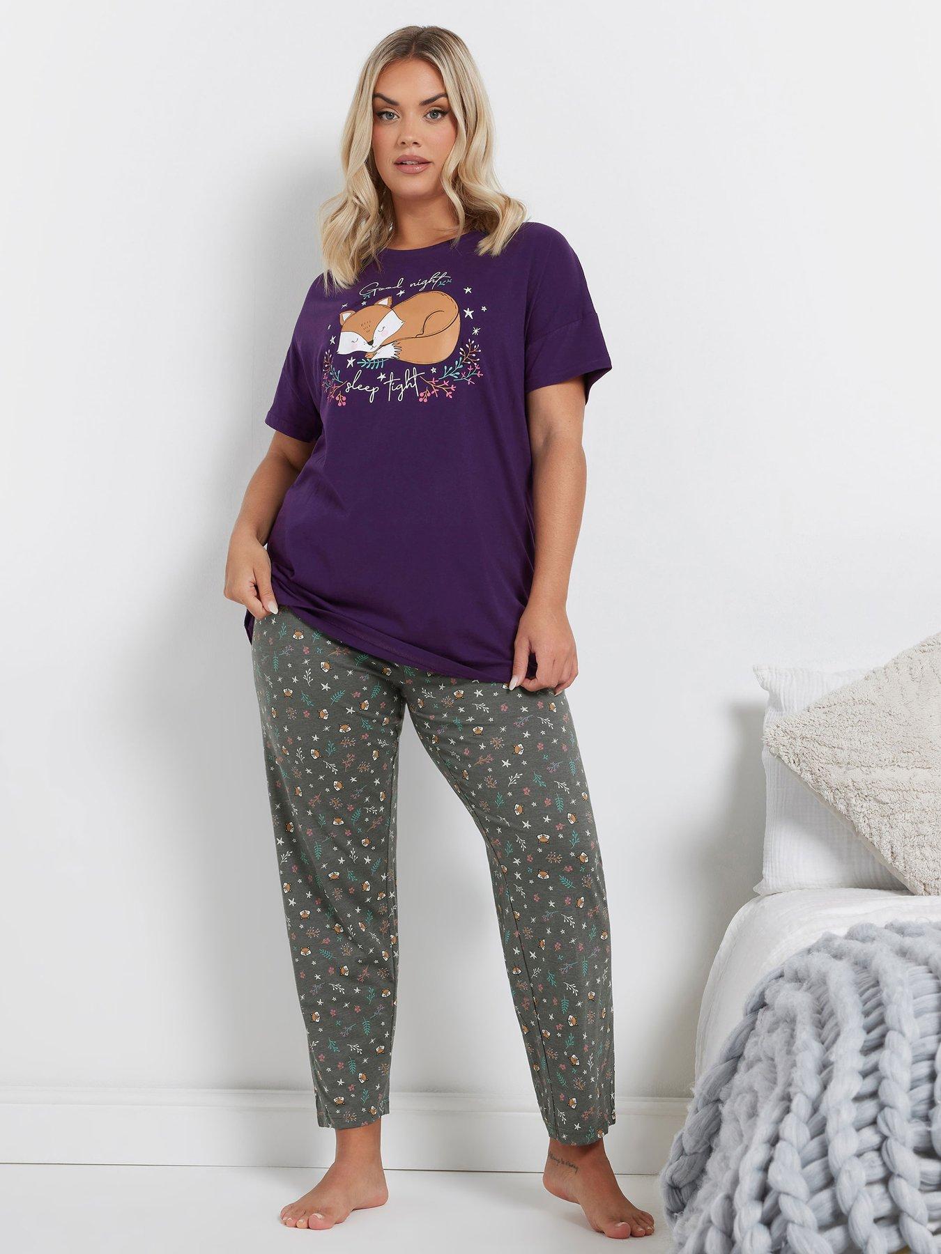Image 3 of 5 of Yours Curve Goodnight Short Sleeve Wide Leg Pj Set - Purple