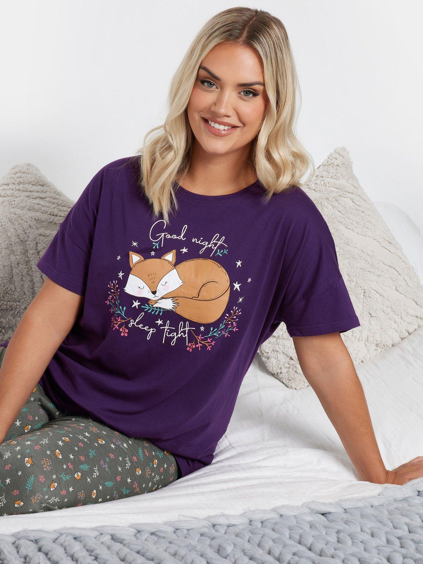 Image 4 of 5 of Yours Curve Goodnight Short Sleeve Wide Leg Pj Set - Purple
