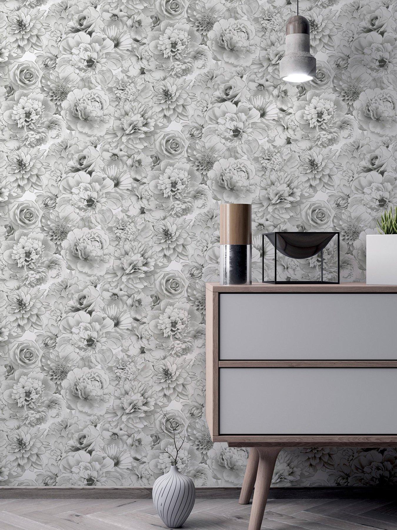 Image 1 of 6 of ARTHOUSE Glitter Bloom Silver Wallpaper