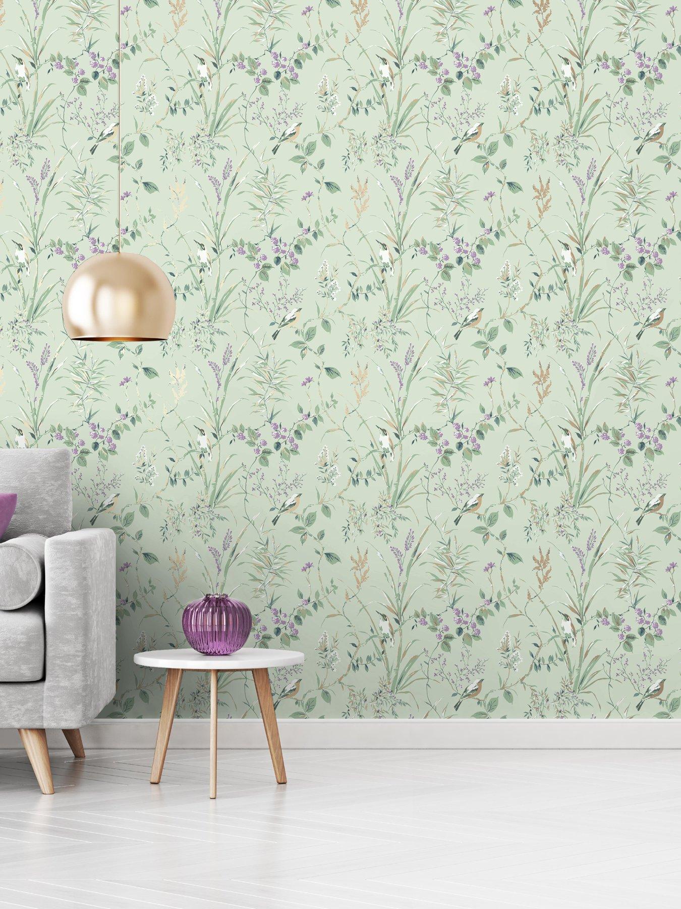 Image 1 of 2 of Fine Decor Crown Mariko Floral Mint / Plum Wallpaper