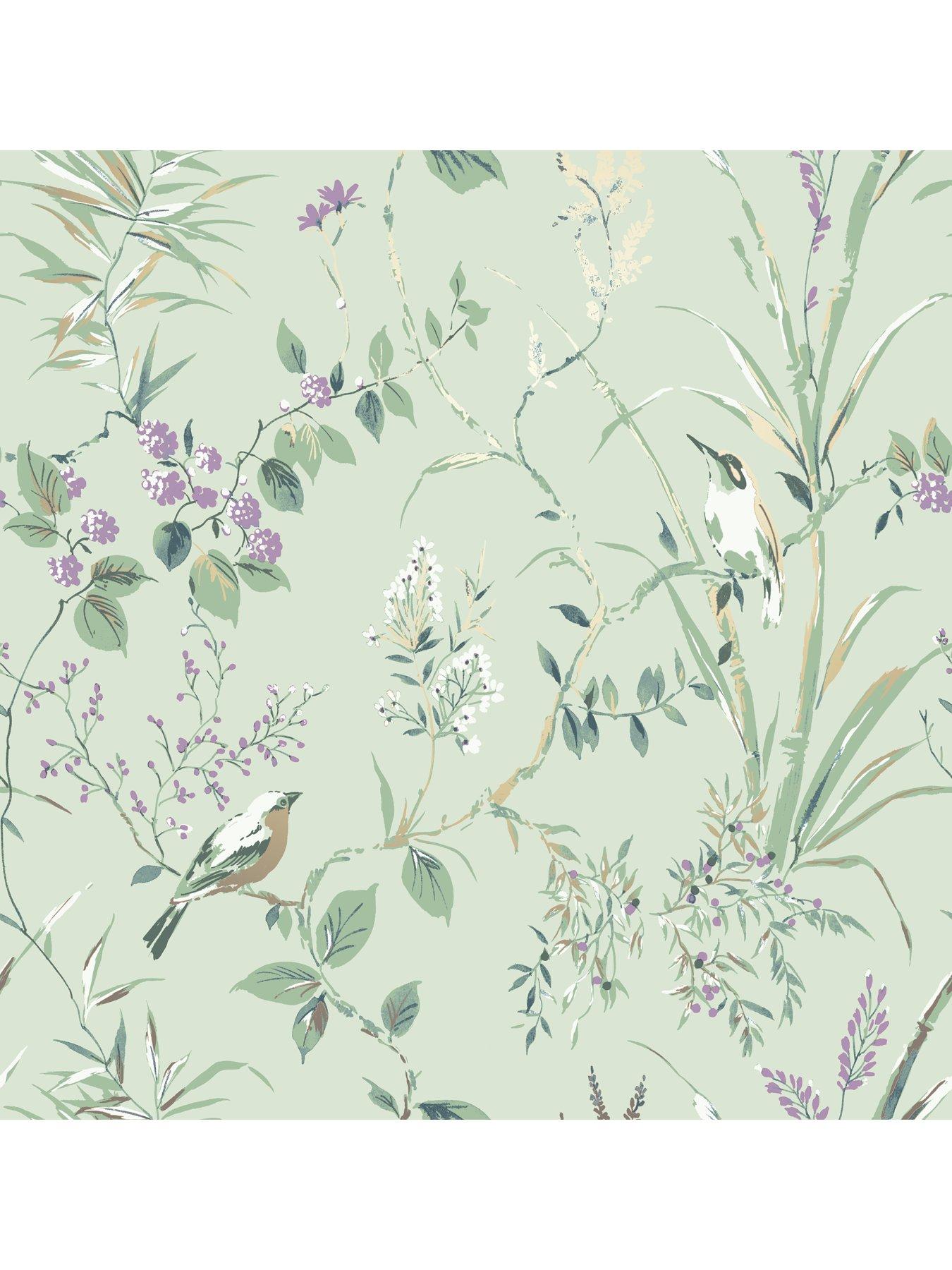 Image 2 of 2 of Fine Decor Crown Mariko Floral Mint / Plum Wallpaper
