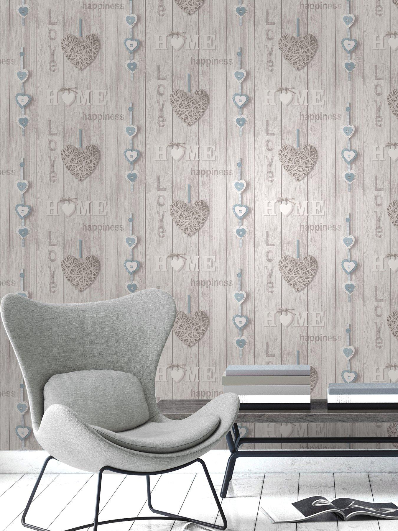 Product photograph of Fine Decor Love Your Home Sidewall Blue White Wallpaper from very.co.uk