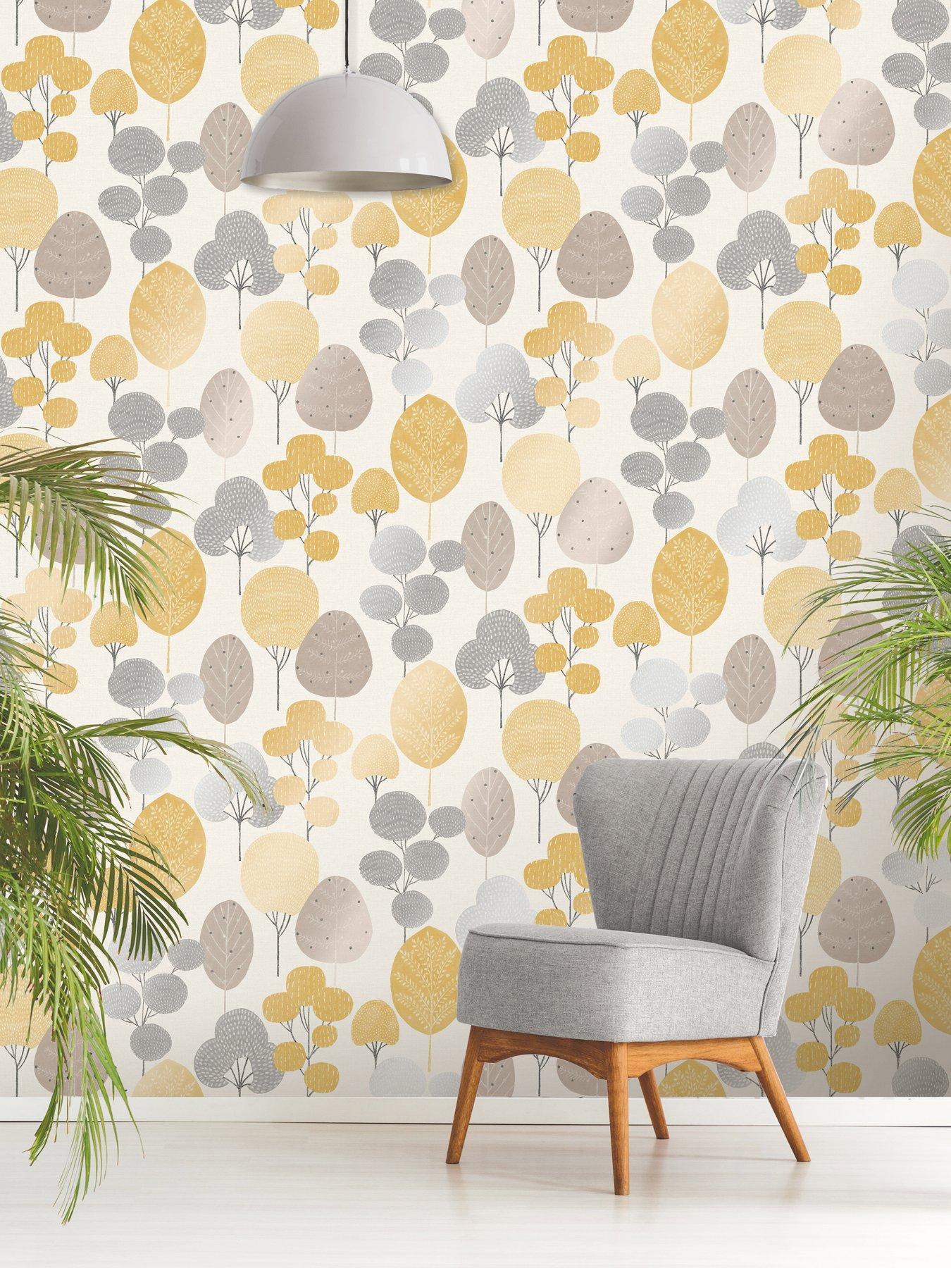 Product photograph of Fine Decor Crown Scandi Forest Mustard Wallpaper from very.co.uk