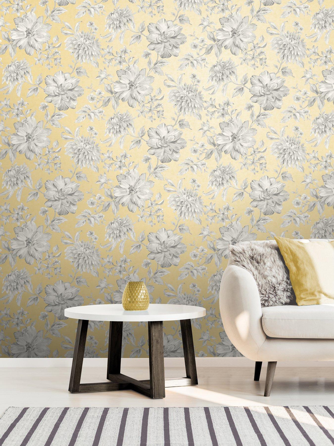 Product photograph of Fine Decor Crown Lucia Floral Yellow Wallpaper from very.co.uk