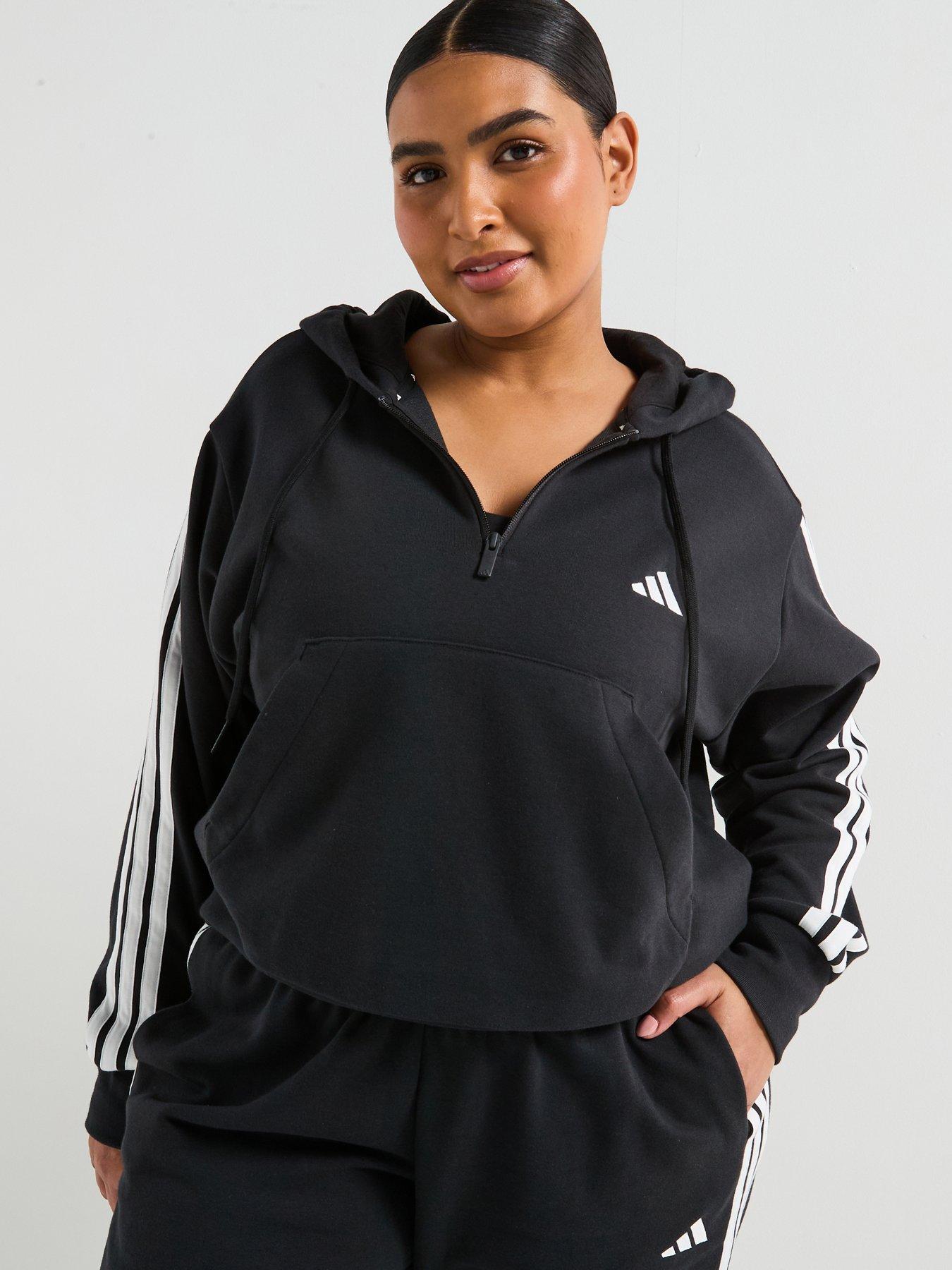 undefined Womens Plus Size Essentials 3-Stripes 1/4 Zip Hoodie - Black