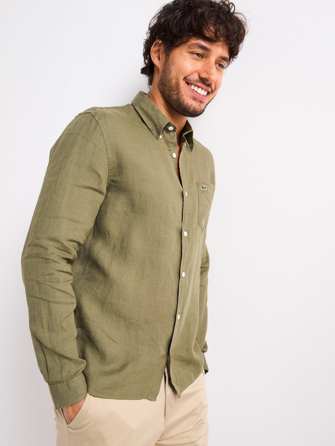 undefined Regular Fit Long Sleeve Linen Shirt - Khaki