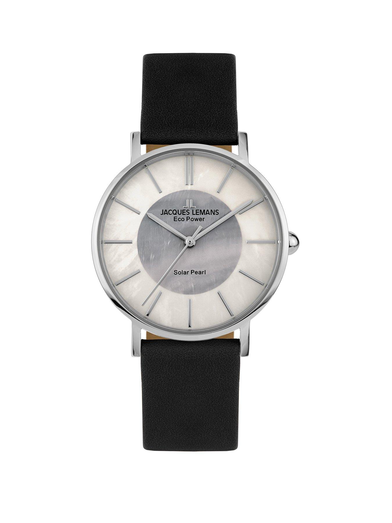 Product photograph of Jacques Lemans Eco Power Solar Mother Of Pearl Black Leather Strap Women S Watch from very.co.uk