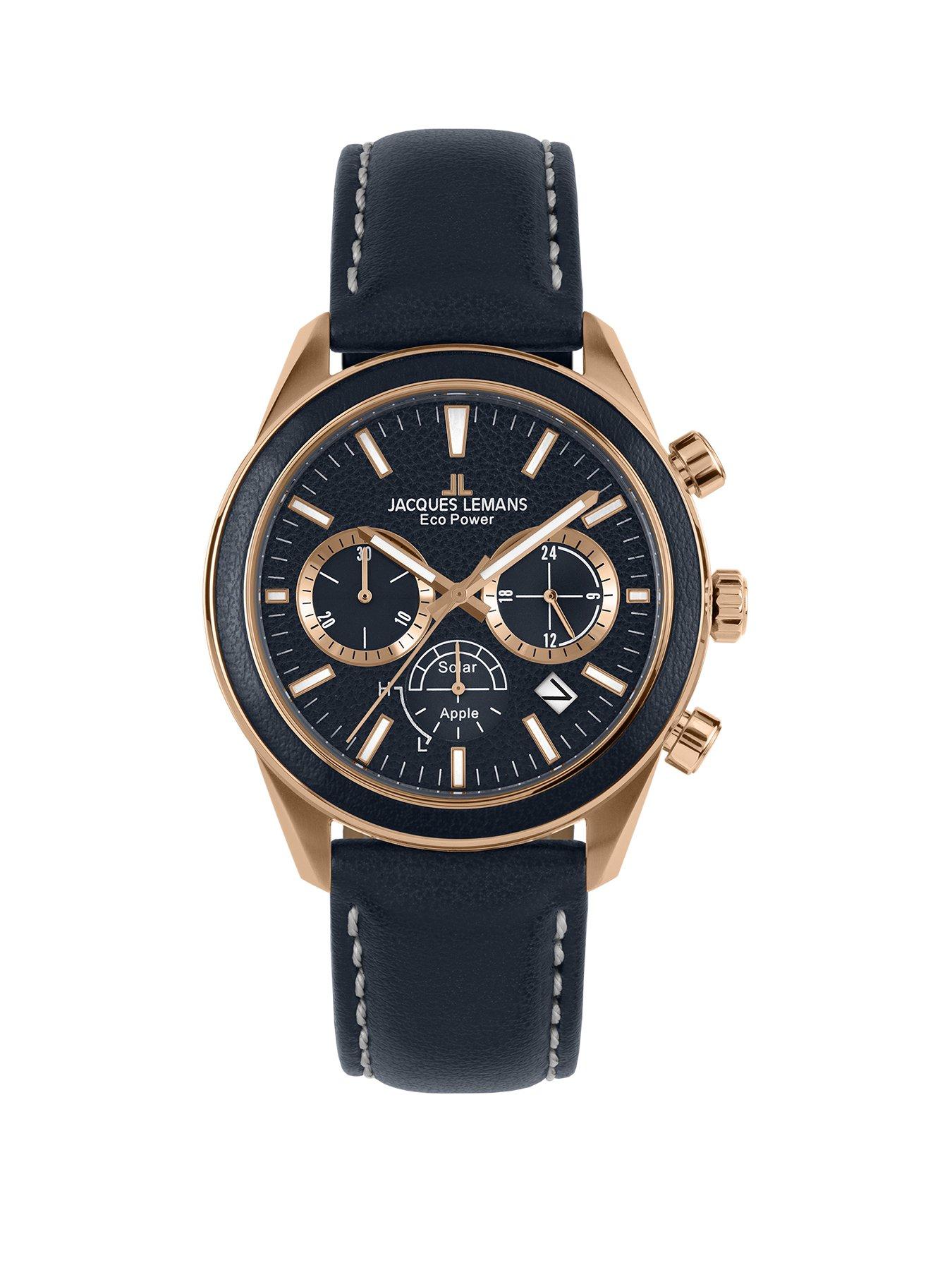 Product photograph of Jacques Lemans Power Solar Chronograph Strap Rose Gold Plated Mens Watch from very.co.uk