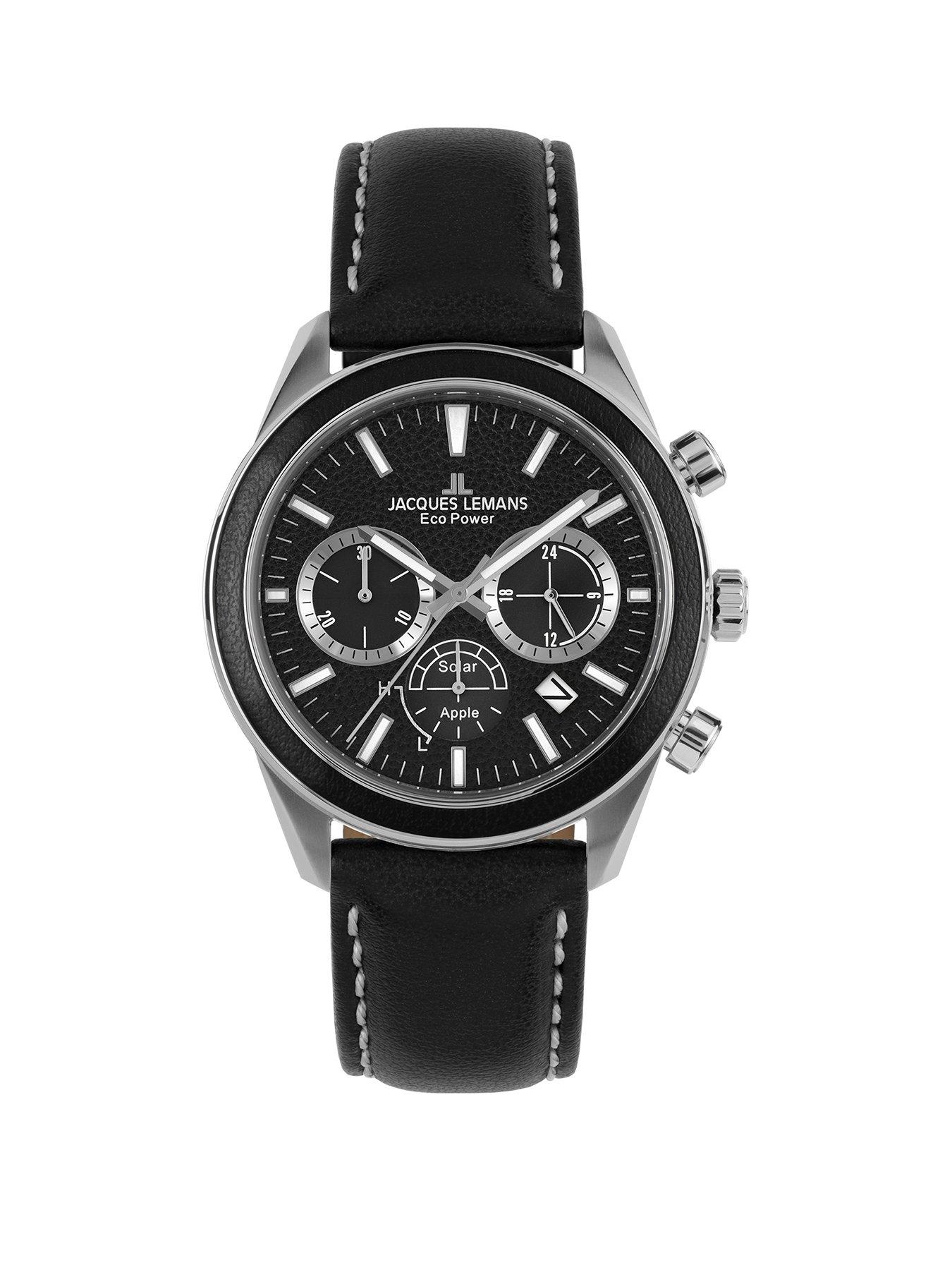 Product photograph of Jacques Lemans Power Solar Chronograph Black Strap Mens Watch from very.co.uk