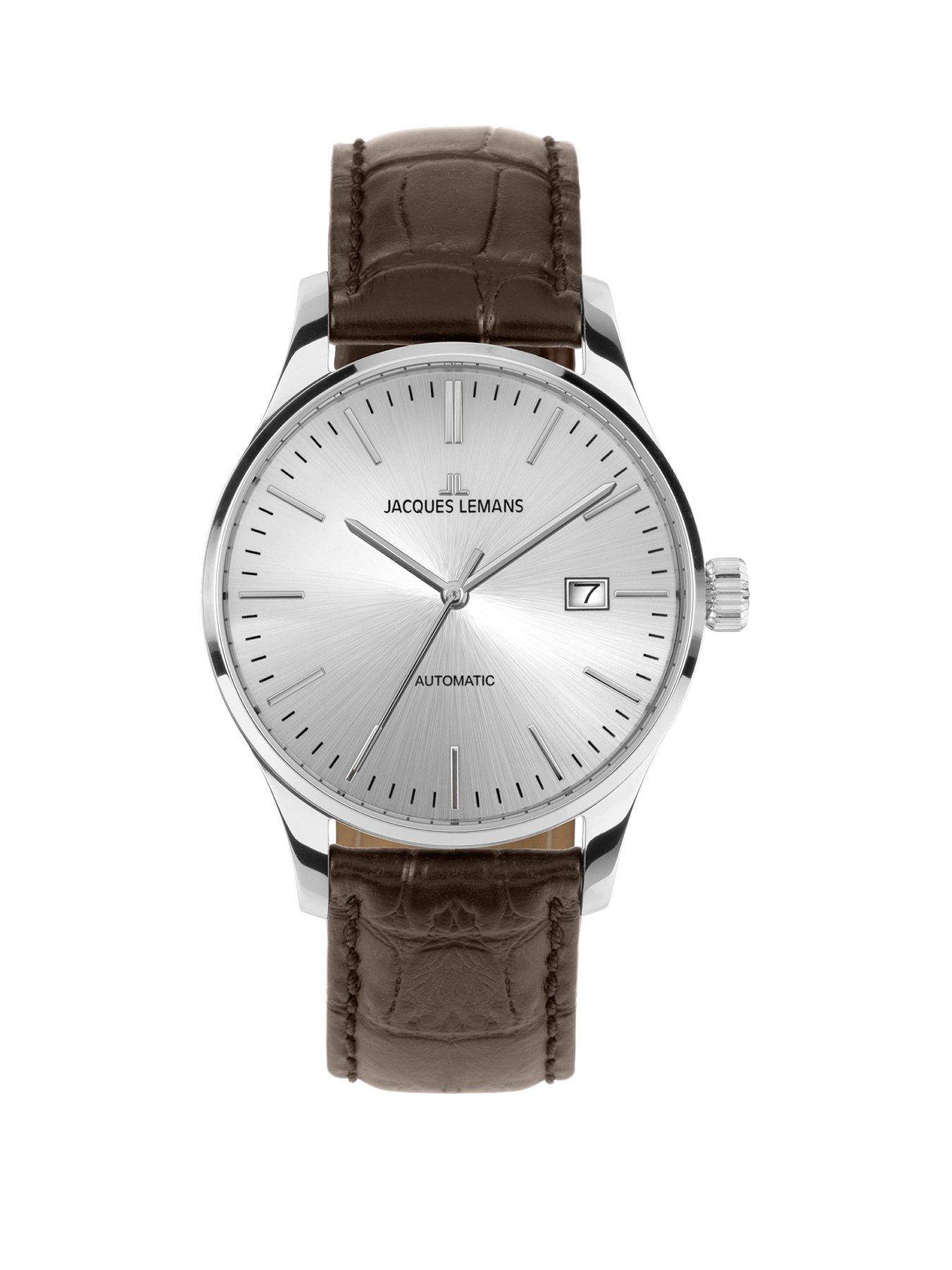 Product photograph of Jacques Lemans London Automatic Brown Leather Strap Men S Watch from very.co.uk